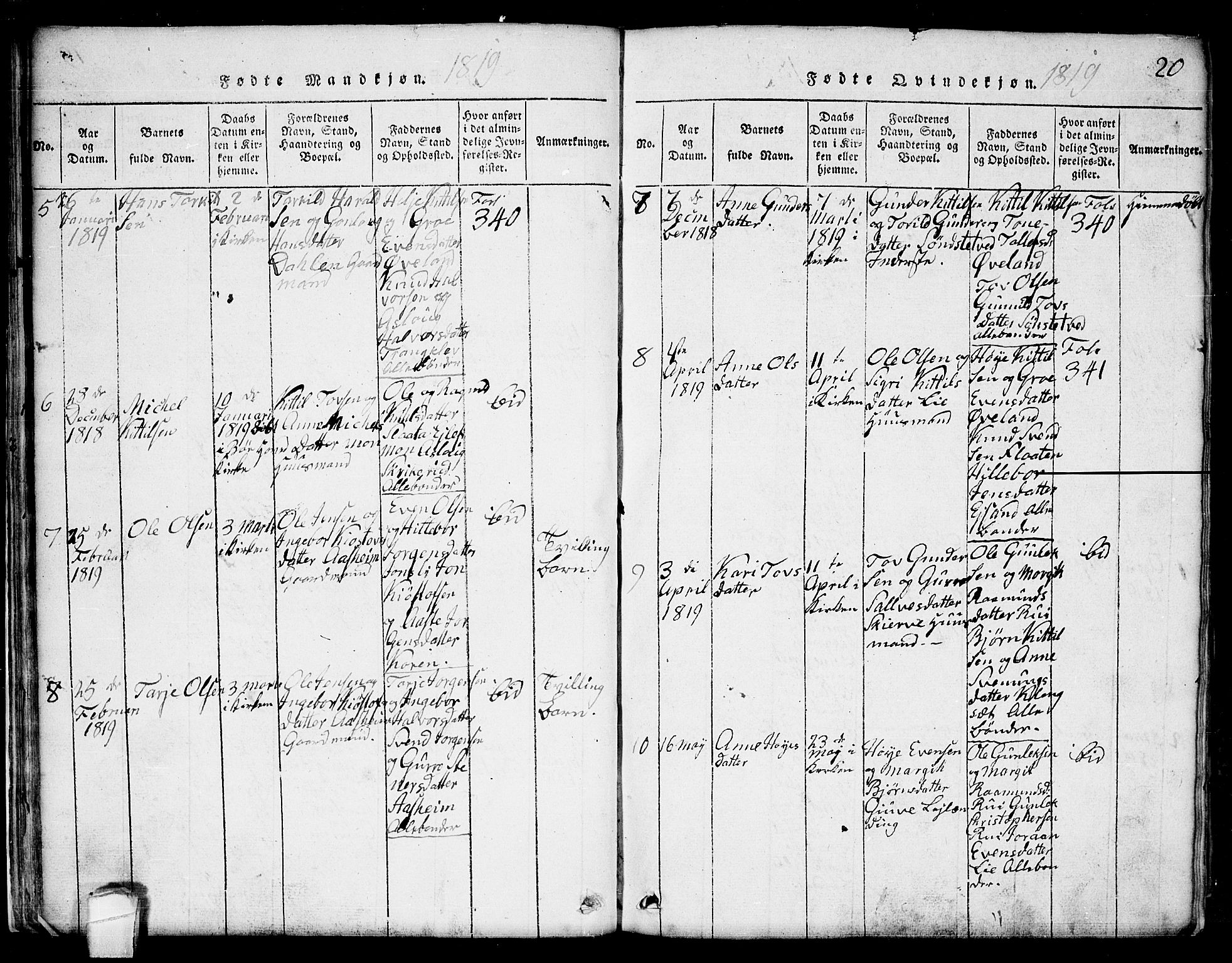 Seljord kirkebøker, AV/SAKO-A-20/G/Ga/L0001: Parish register (copy) no. I 1, 1815-1854, p. 20