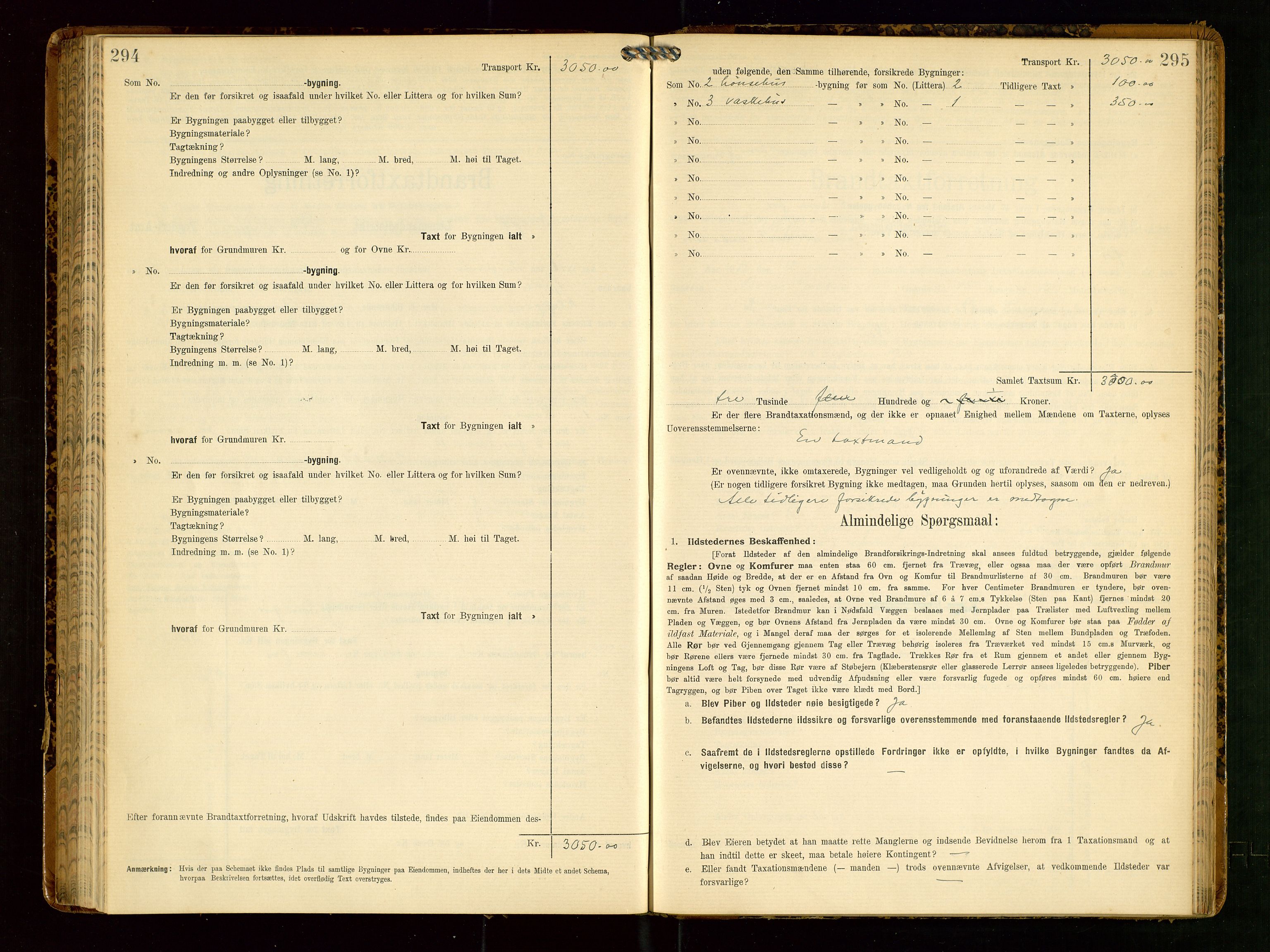 Klepp lensmannskontor, AV/SAST-A-100163/Goc/L0006: "Brandtaxationsprotokol" m/register, 1908-1912, p. 294-295