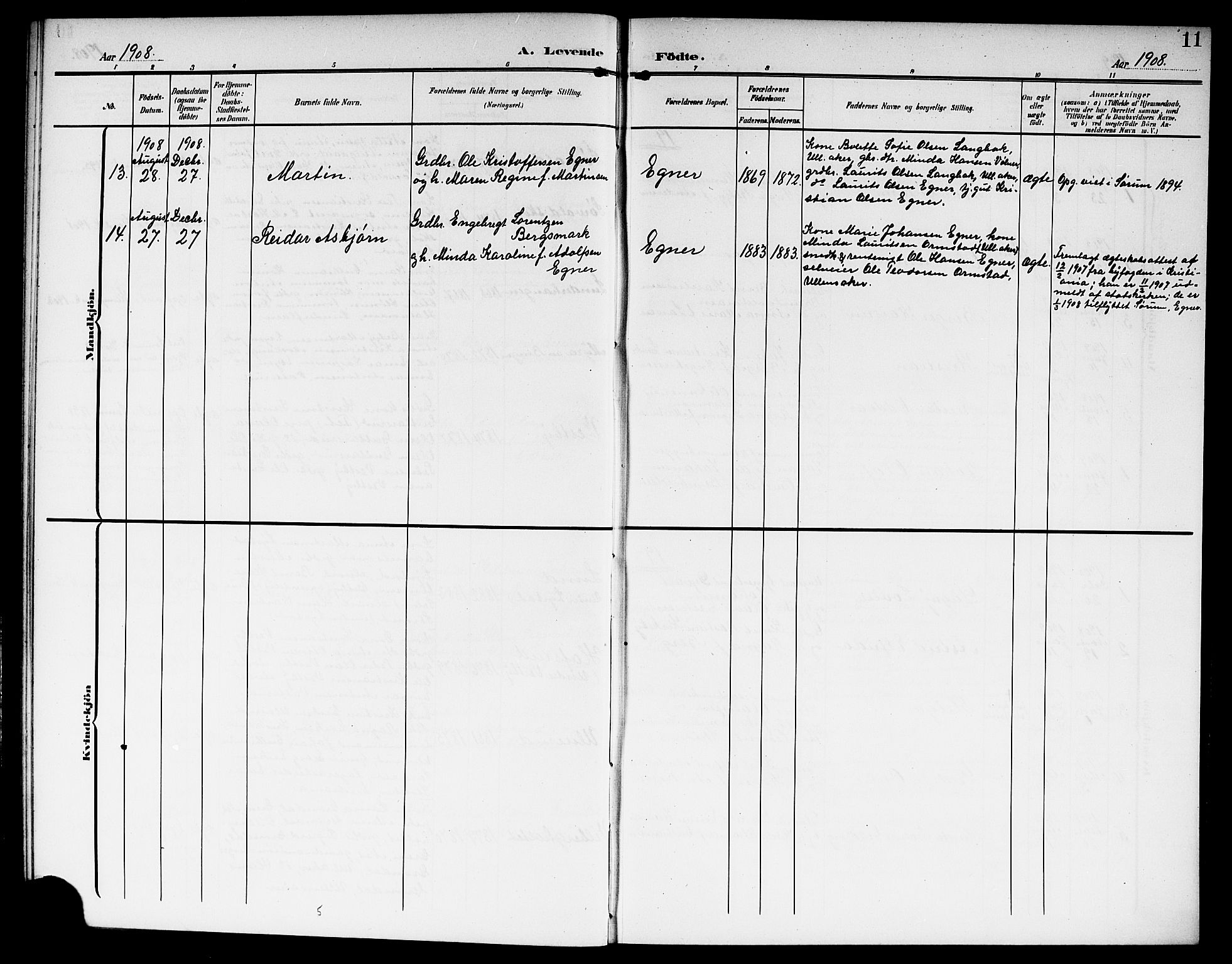 Sørum prestekontor Kirkebøker, SAO/A-10303/G/Ga/L0007: Parish register (copy) no. I 7, 1907-1917, p. 11