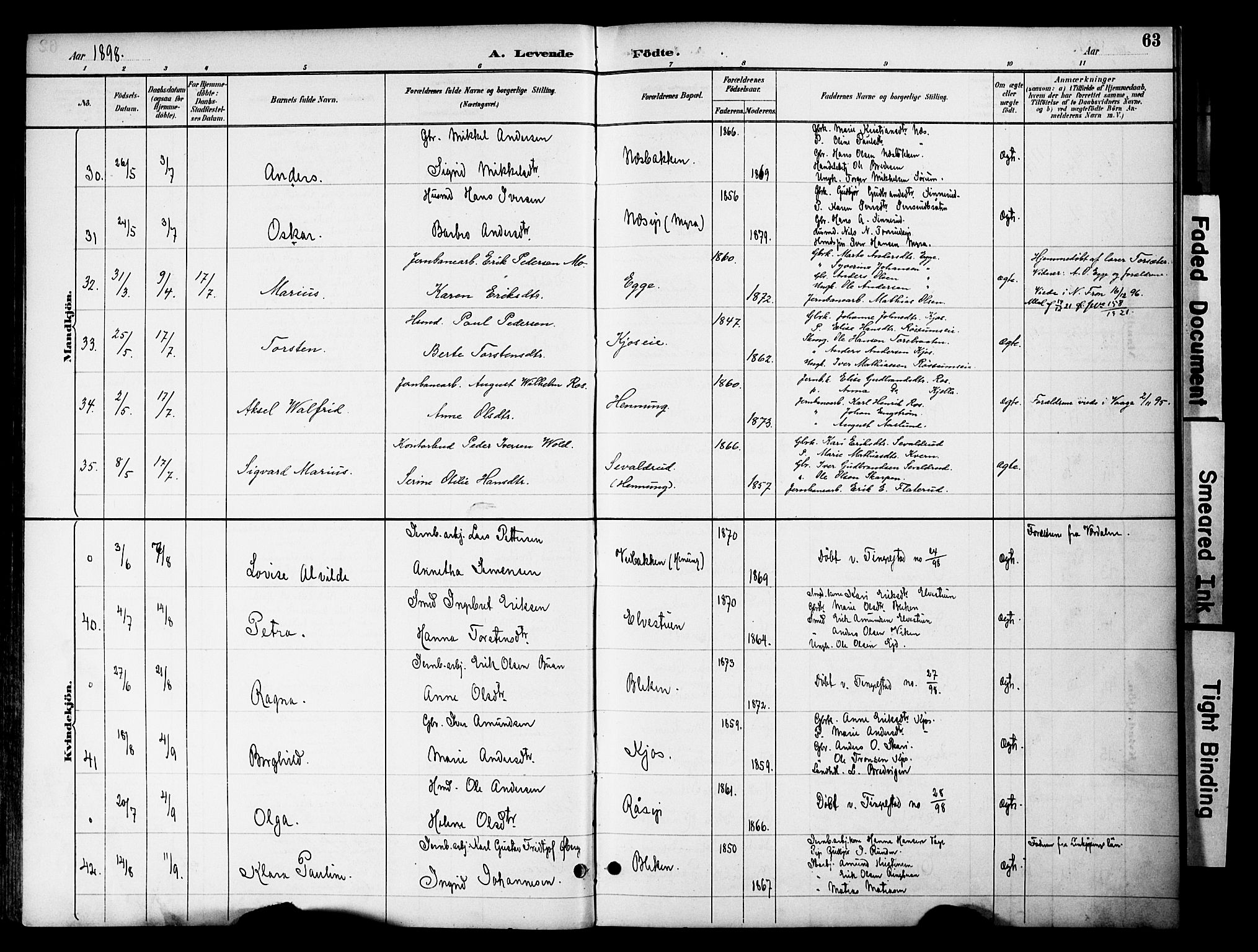 Gran prestekontor, AV/SAH-PREST-112/H/Ha/Haa/L0020: Parish register (official) no. 20, 1889-1899, p. 63