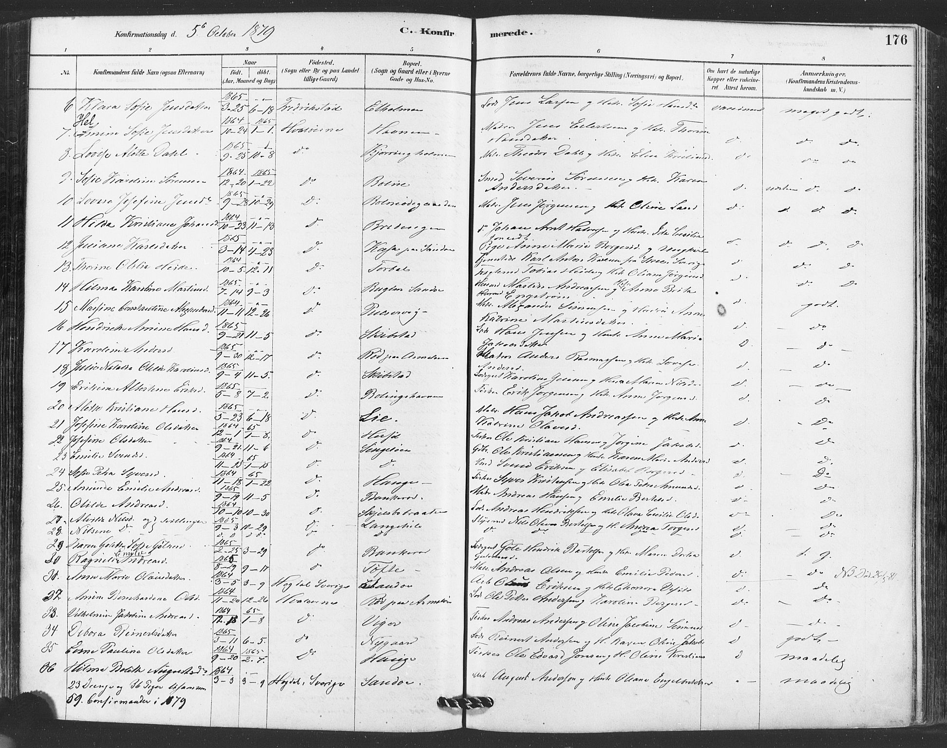 Hvaler prestekontor Kirkebøker, AV/SAO-A-2001/F/Fa/L0008: Parish register (official) no. I 8, 1878-1895, p. 176