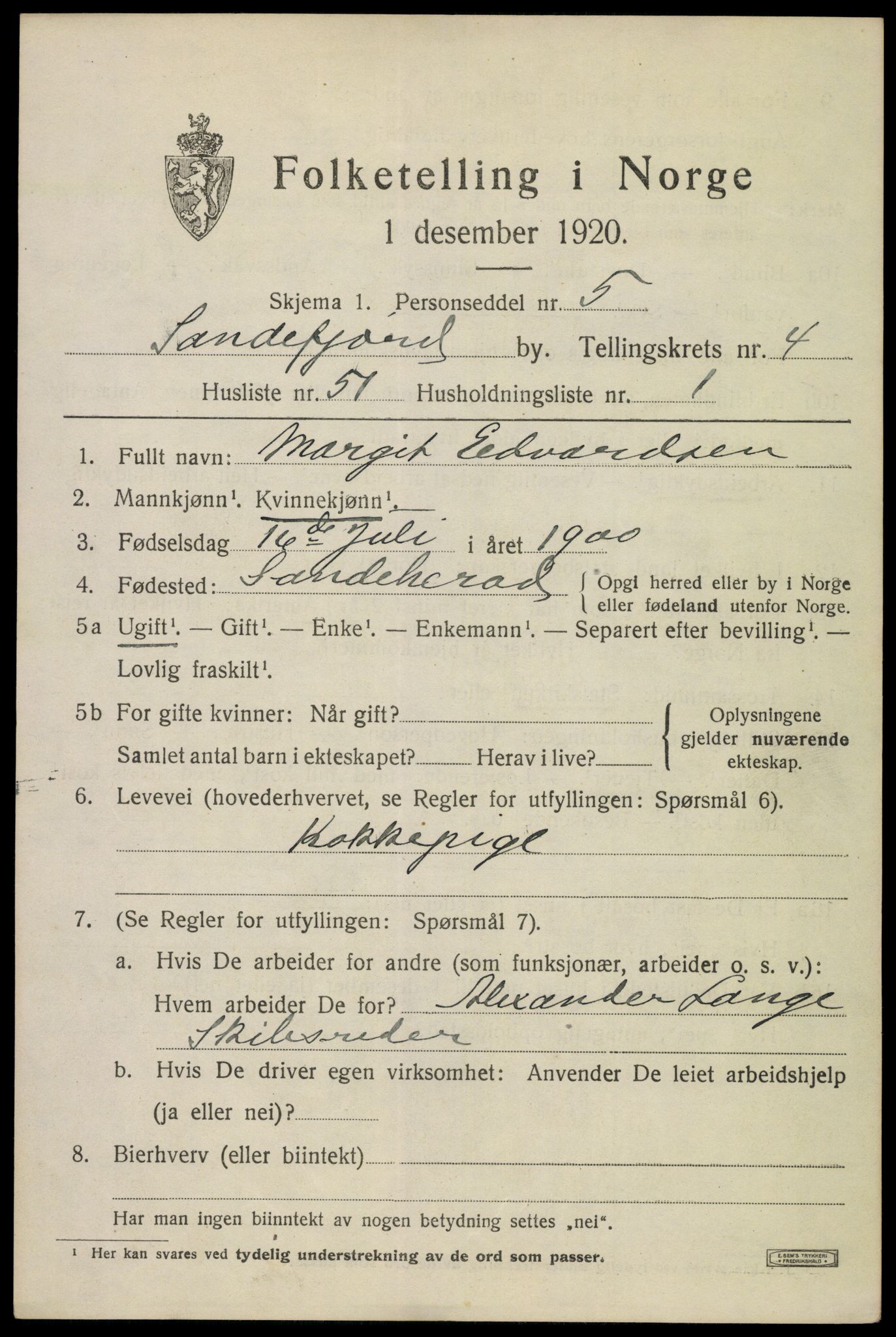 SAKO, 1920 census for Sandefjord, 1920, p. 8412