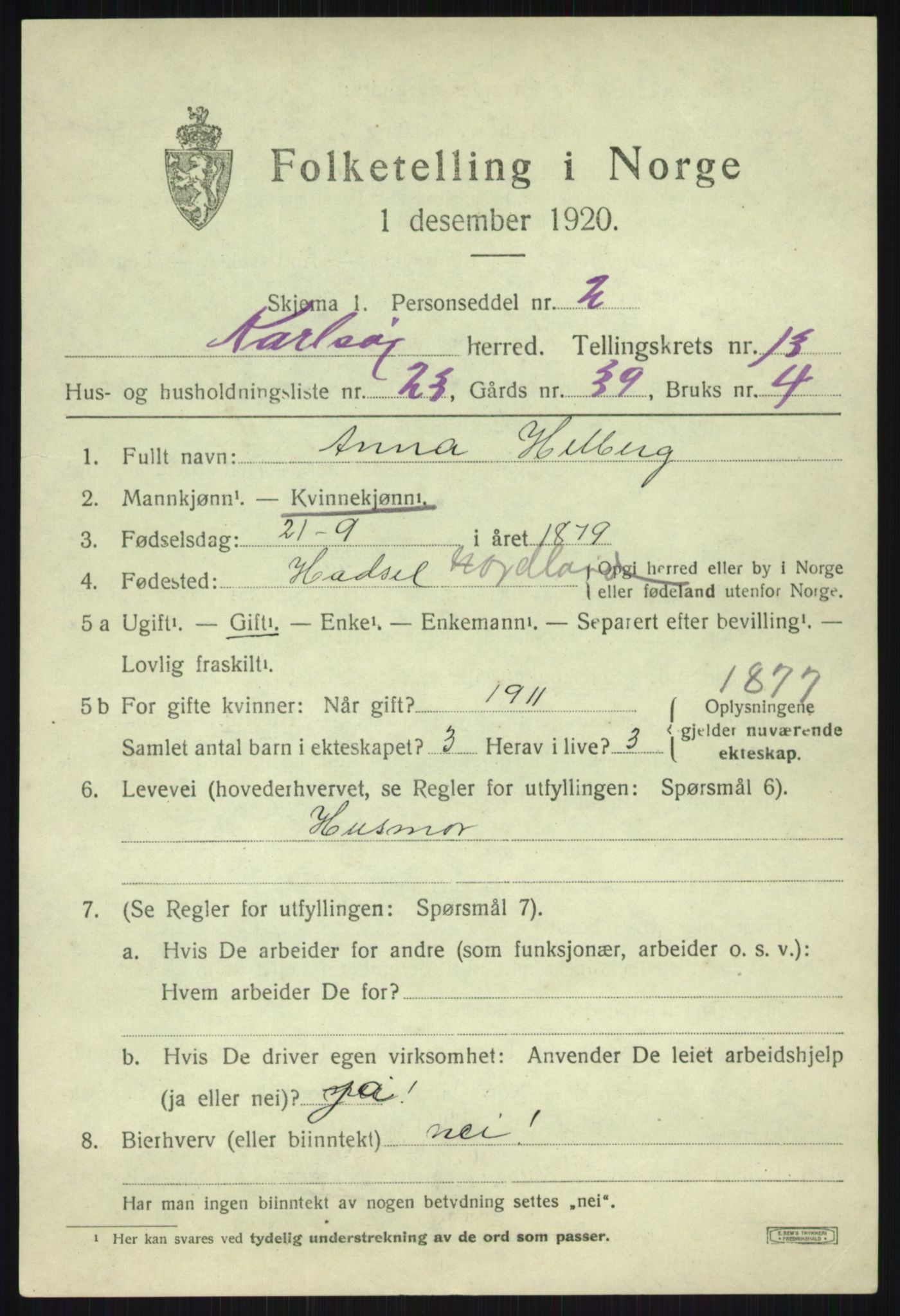 SATØ, 1920 census for Karlsøy, 1920, p. 4914