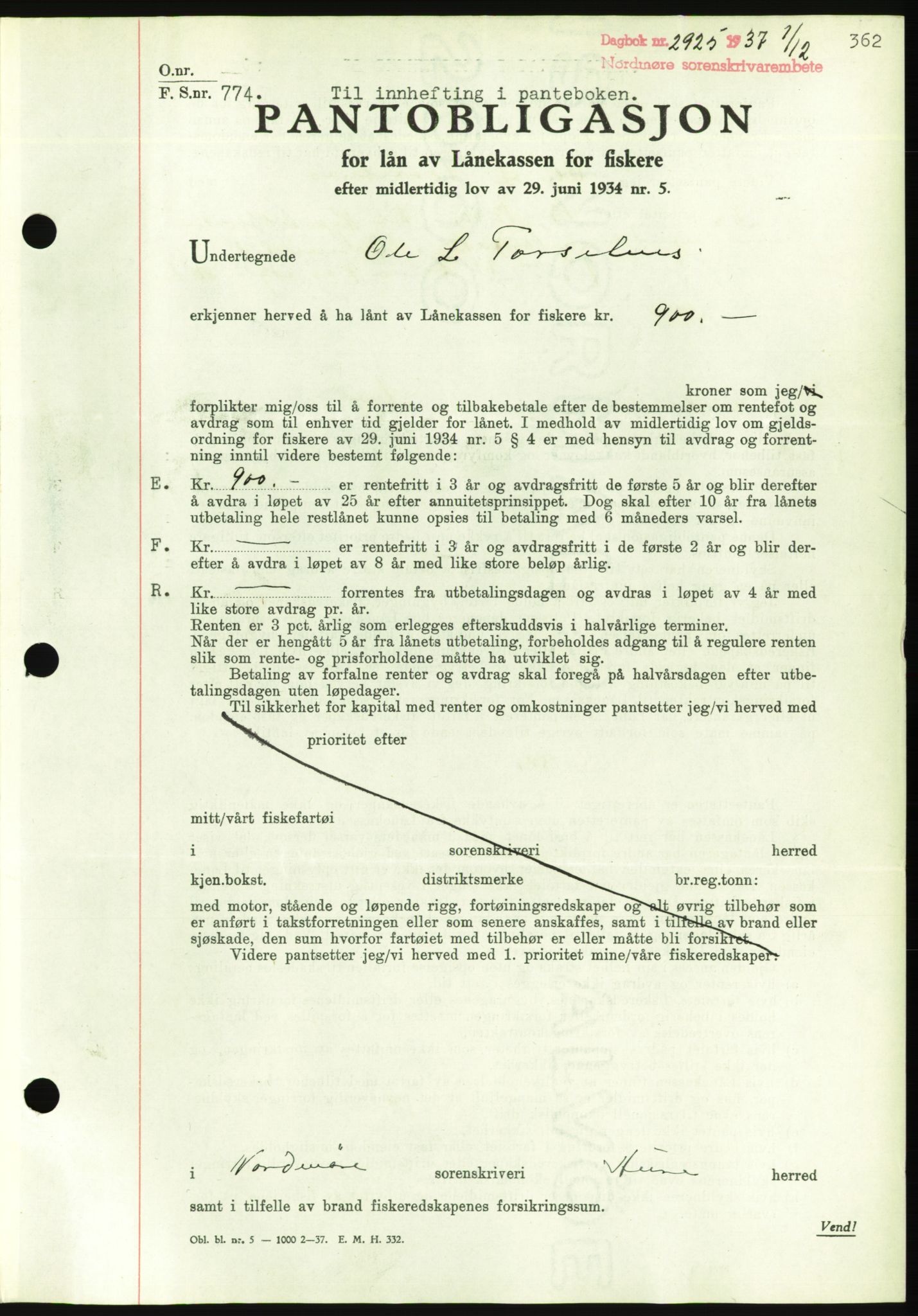 Nordmøre sorenskriveri, AV/SAT-A-4132/1/2/2Ca/L0092: Mortgage book no. B82, 1937-1938, Diary no: : 2925/1937