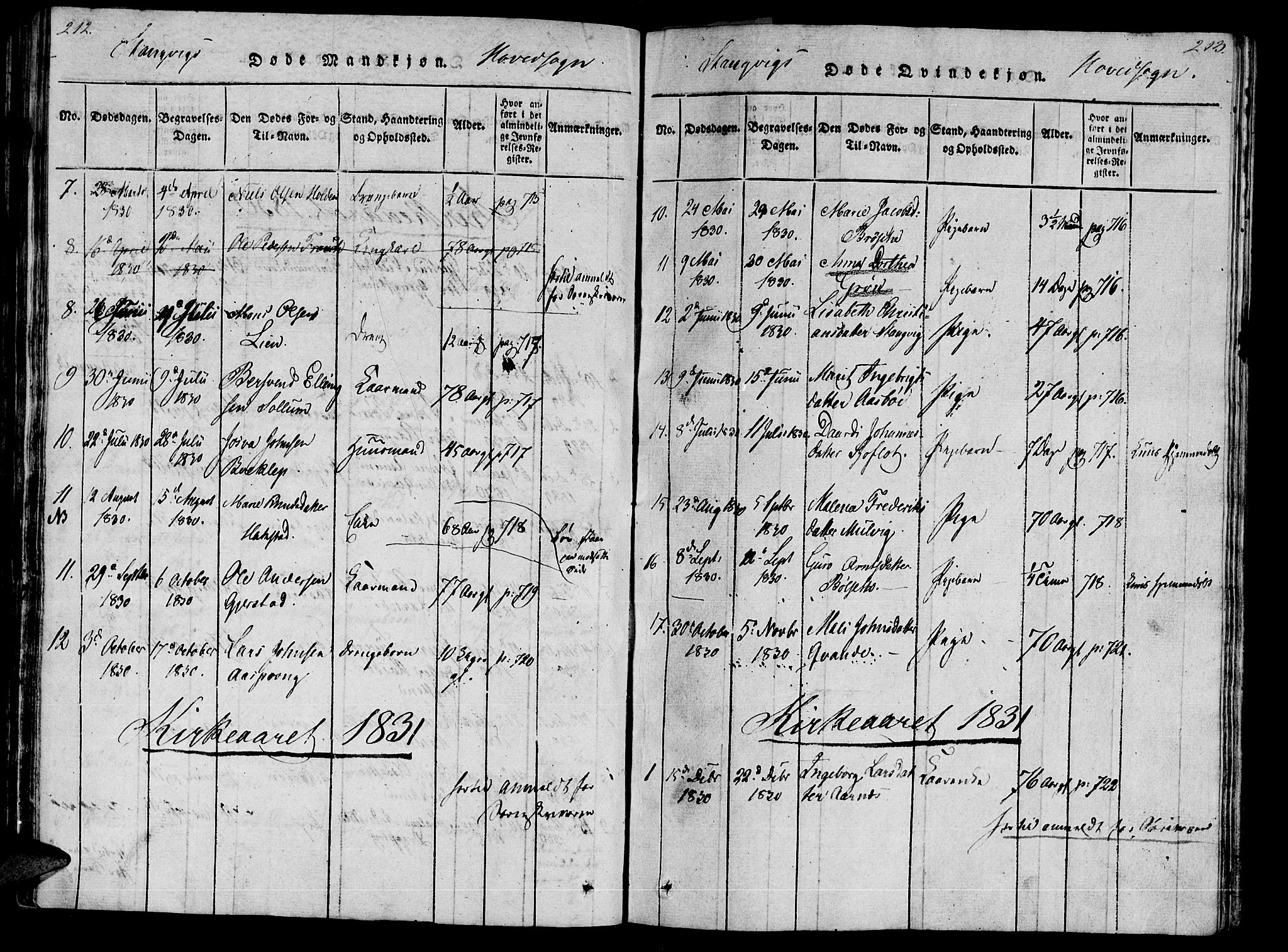 Ministerialprotokoller, klokkerbøker og fødselsregistre - Møre og Romsdal, AV/SAT-A-1454/592/L1023: Parish register (official) no. 592A02, 1820-1830, p. 212-213