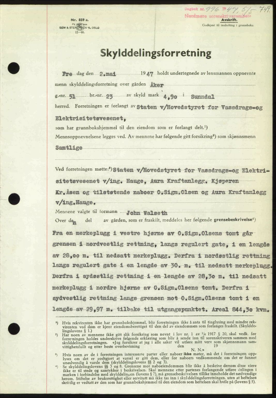 Nordmøre sorenskriveri, AV/SAT-A-4132/1/2/2Ca: Mortgage book no. A104, 1947-1947, Diary no: : 996/1947