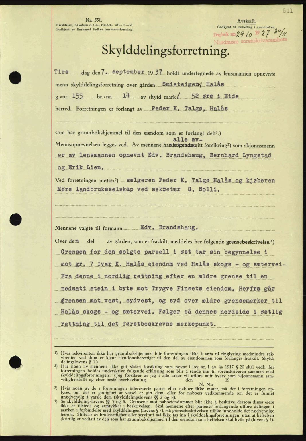 Nordmøre sorenskriveri, SAT/A-4132/1/2/2Ca: Mortgage book no. A82, 1937-1938, Diary no: : 2910/1937