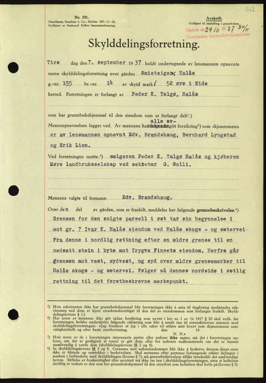 Nordmøre sorenskriveri, AV/SAT-A-4132/1/2/2Ca: Mortgage book no. A82, 1937-1938, Diary no: : 2910/1937