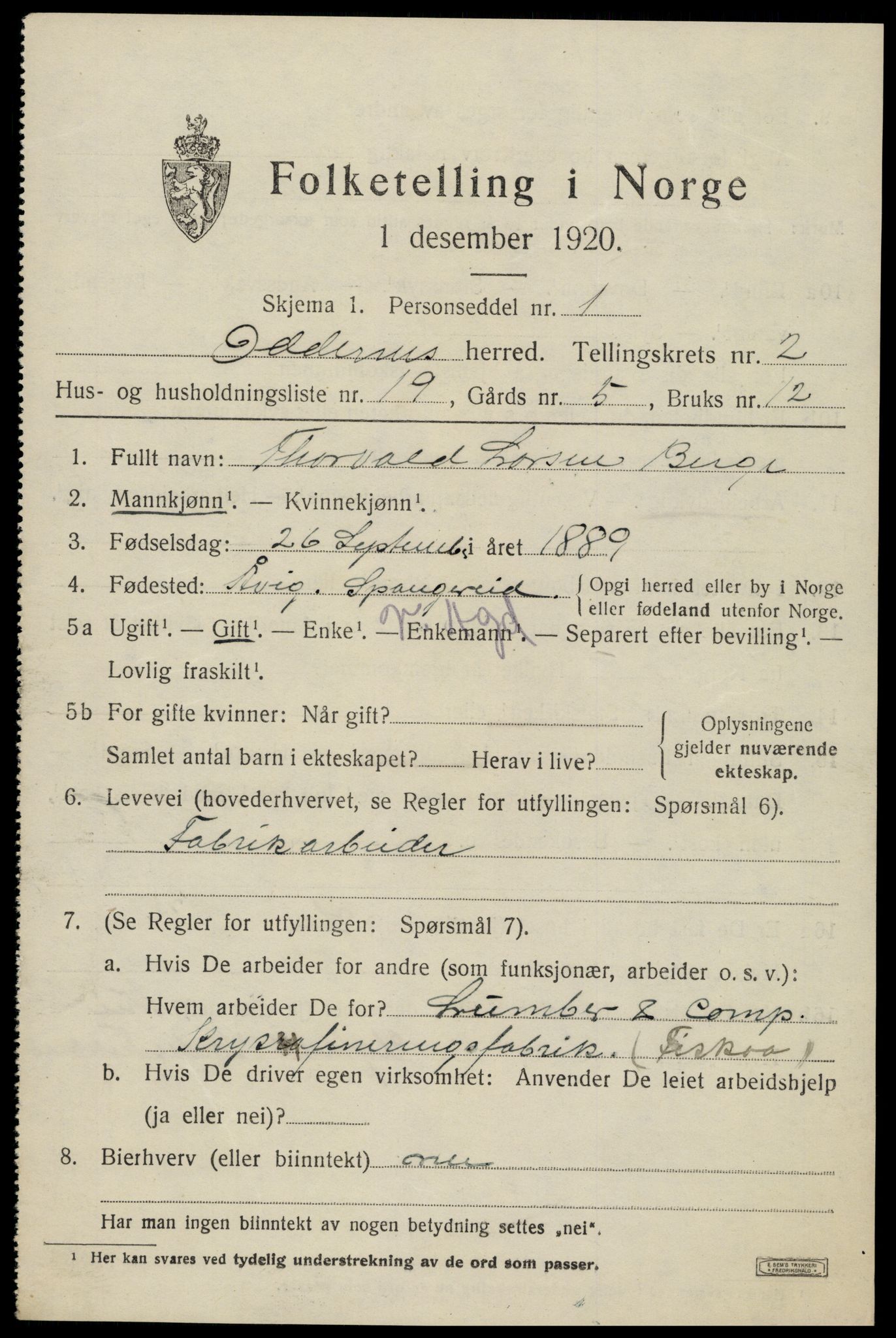 SAK, 1920 census for Oddernes, 1920, p. 3043