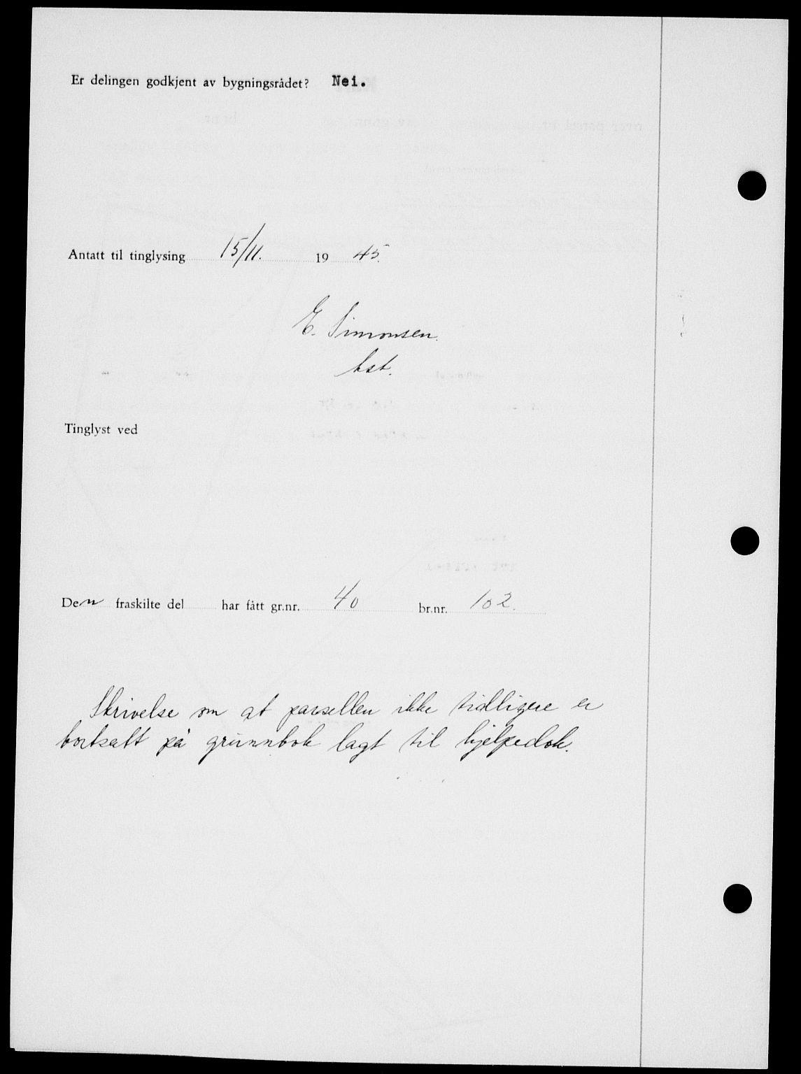 Onsøy sorenskriveri, SAO/A-10474/G/Ga/Gab/L0015: Mortgage book no. II A-15, 1945-1946, Diary no: : 1518/1945