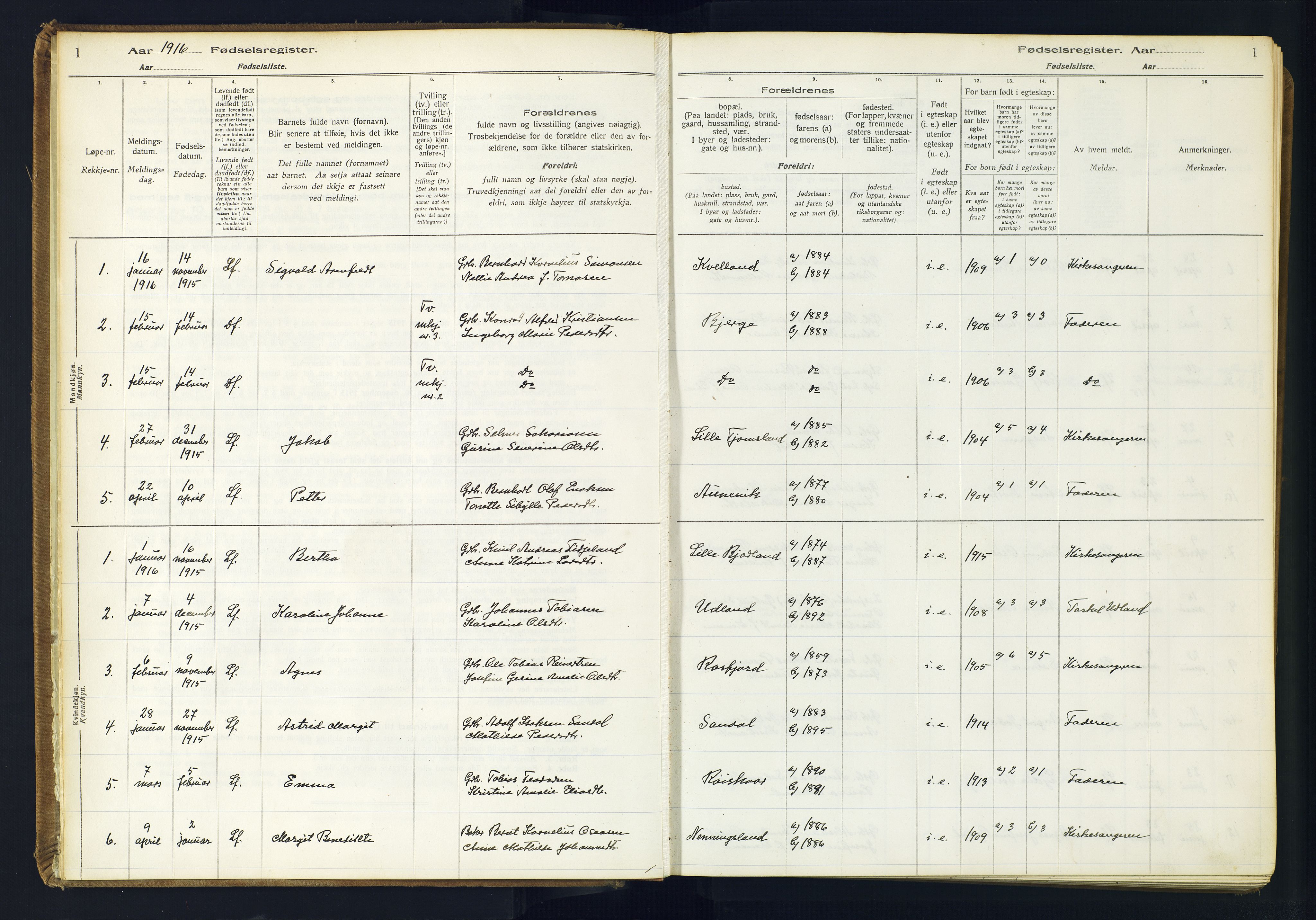 Lyngdal sokneprestkontor, SAK/1111-0029/J/Ja/L0001: Birth register no. A-VI-26, 1916-1951, p. 1