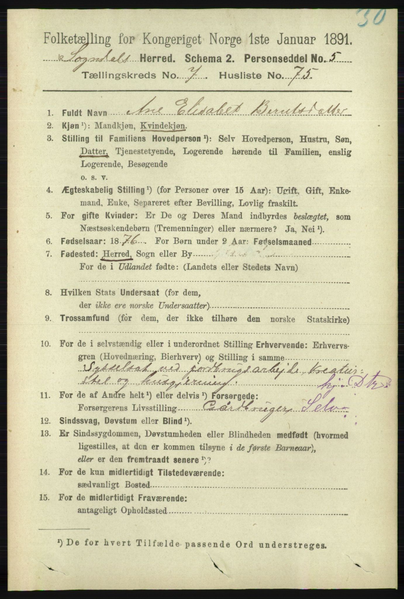 RA, 1891 census for 1111 Sokndal, 1891, p. 2593