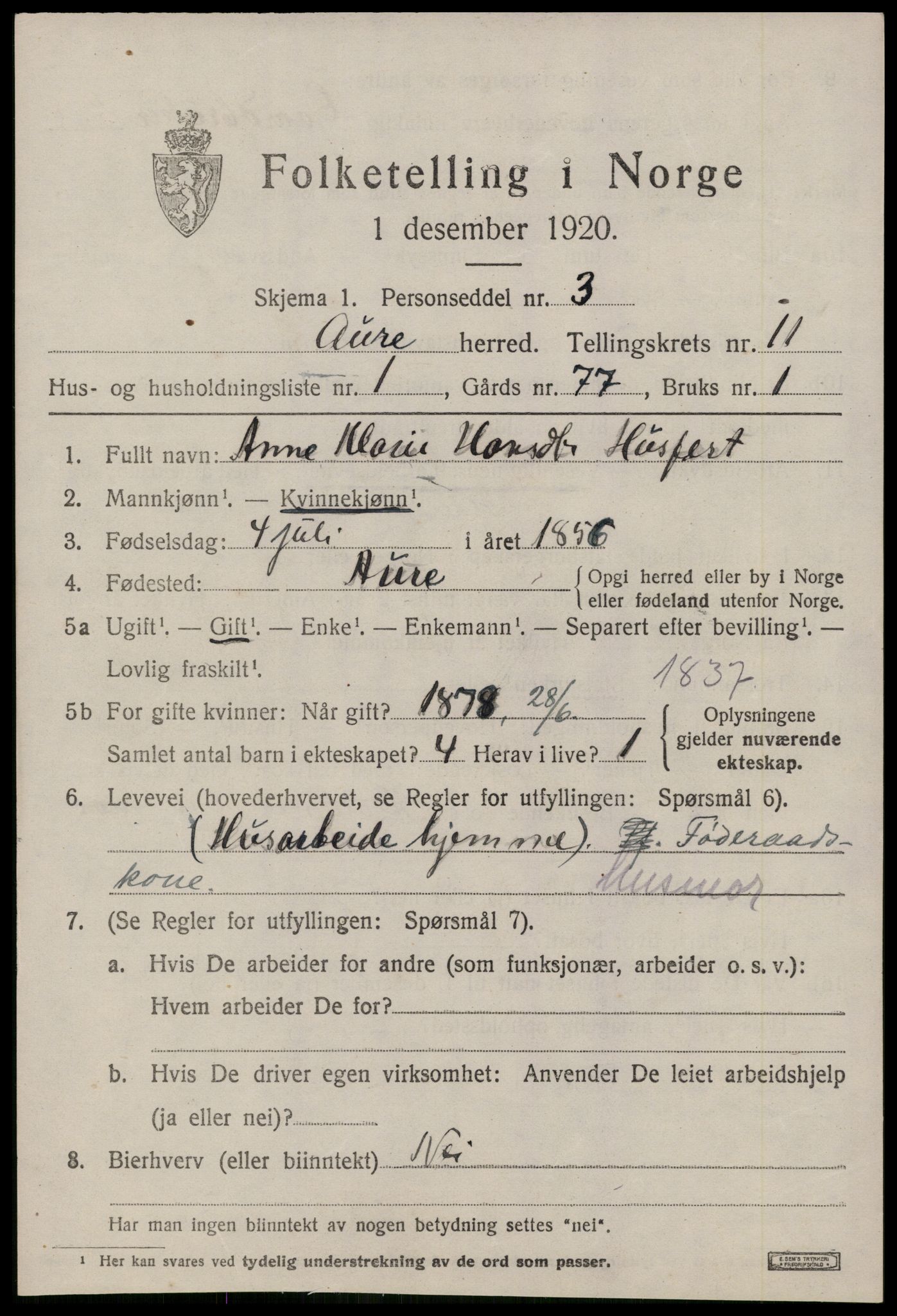 SAT, 1920 census for Aure, 1920, p. 4238