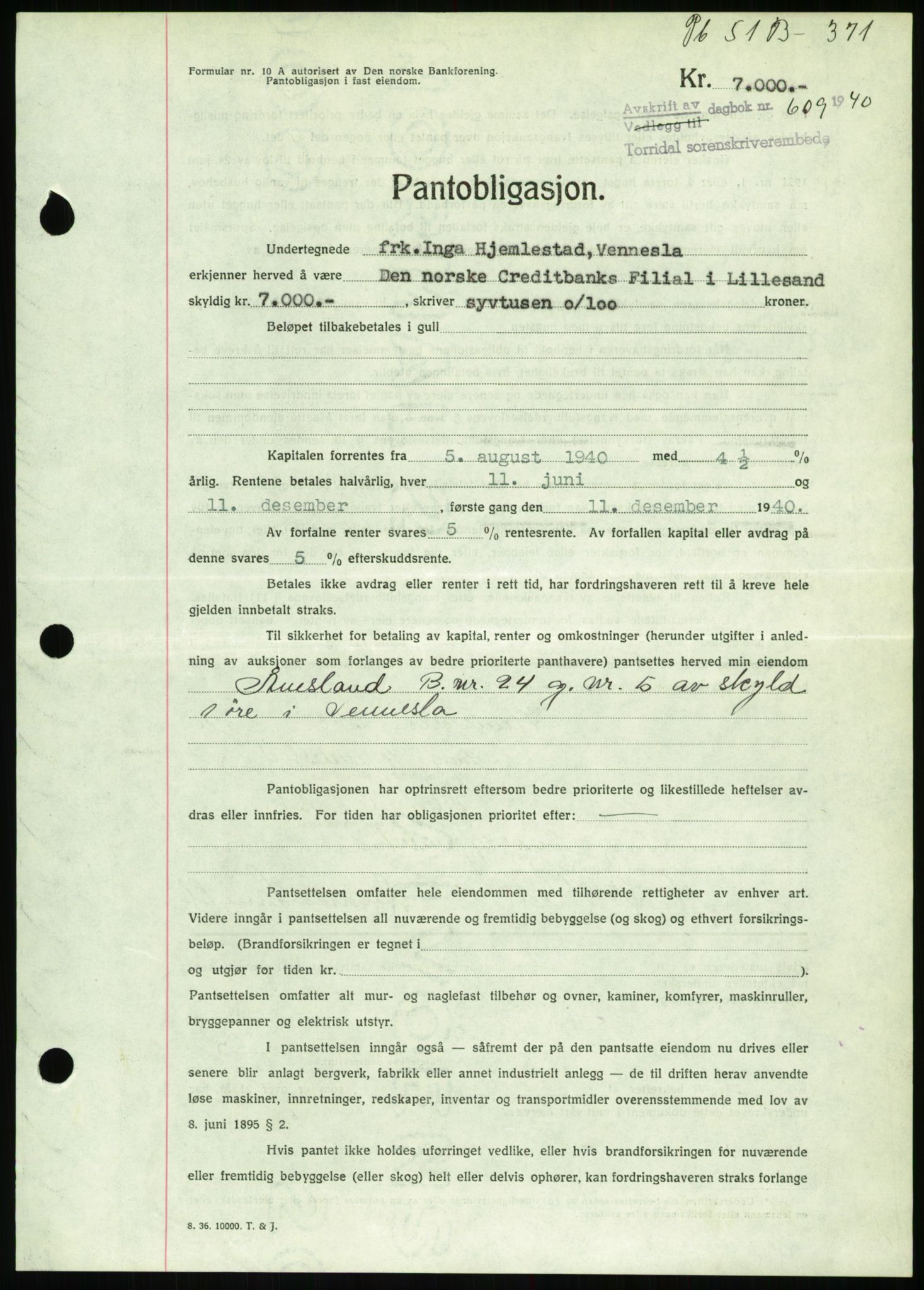 Torridal sorenskriveri, AV/SAK-1221-0012/G/Gb/Gbb/L0007: Mortgage book no. 51b, 1939-1940, Diary no: : 609/1940