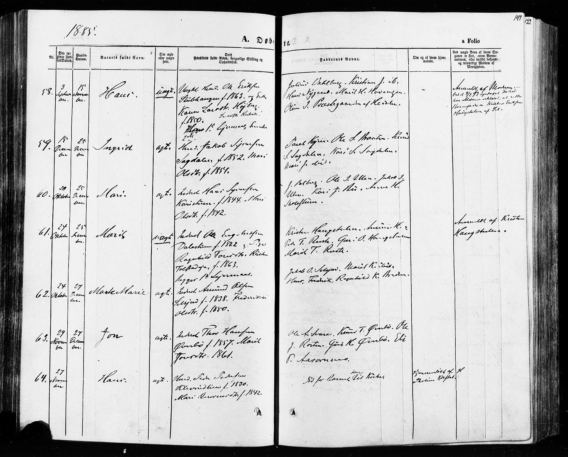 Vågå prestekontor, SAH/PREST-076/H/Ha/Haa/L0007: Parish register (official) no. 7 /3, 1872-1886, p. 147