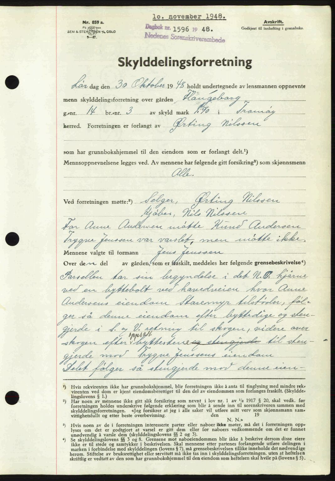 Nedenes sorenskriveri, AV/SAK-1221-0006/G/Gb/Gba/L0059: Mortgage book no. A11, 1948-1948, Diary no: : 1596/1948