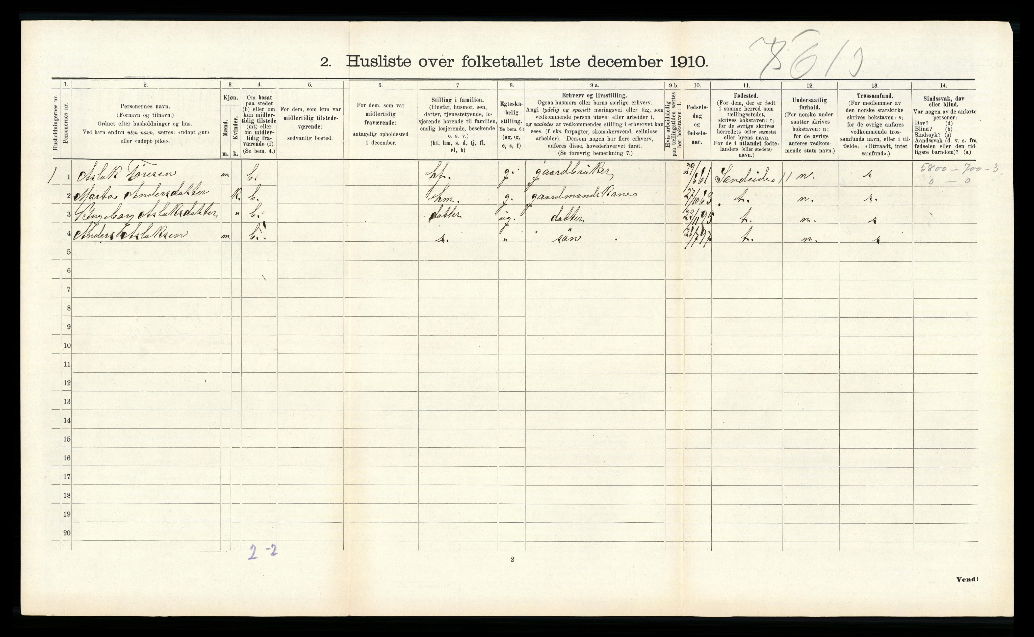 RA, 1910 census for Etne, 1910, p. 629