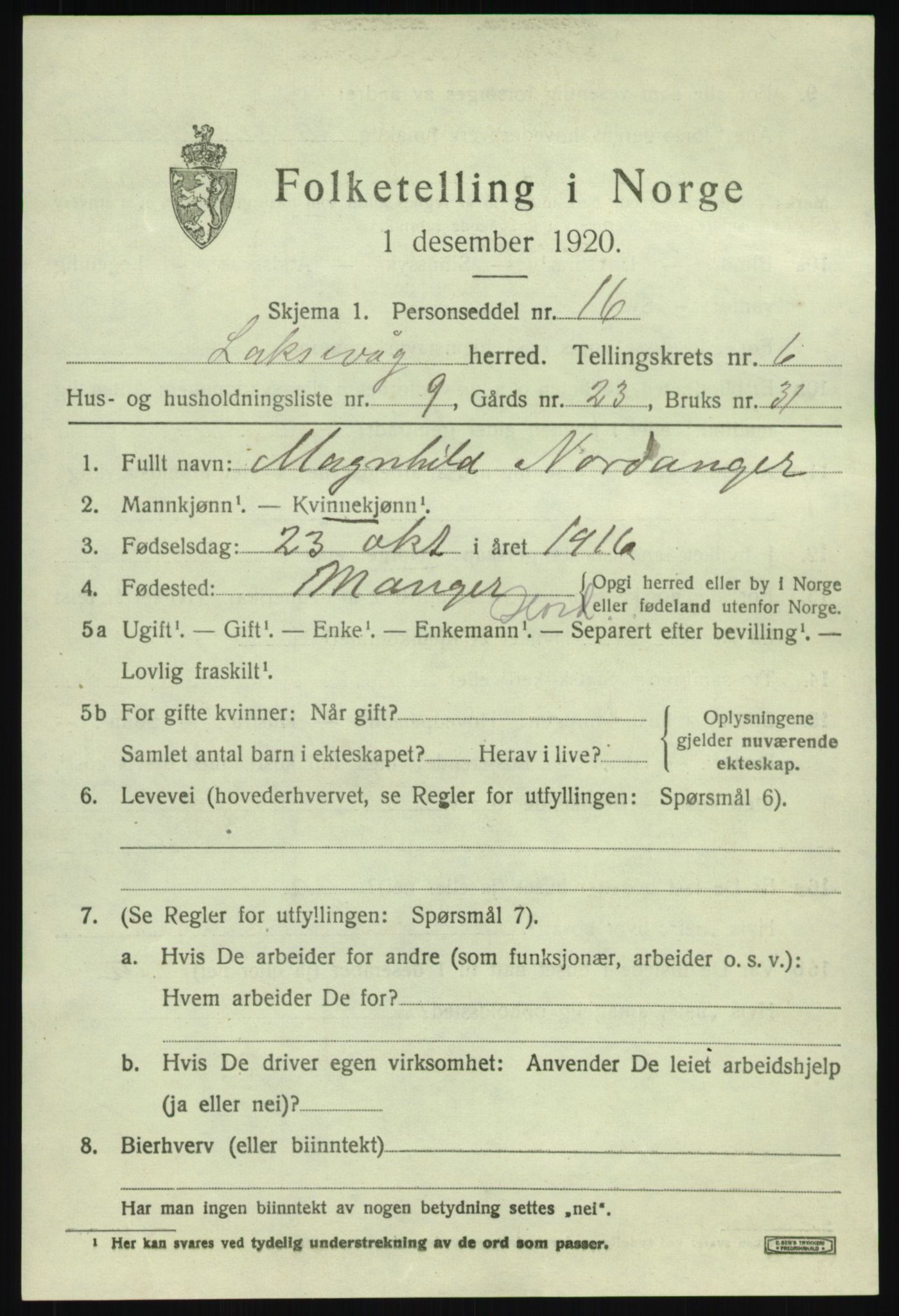 SAB, 1920 census for Laksevåg, 1920, p. 17278