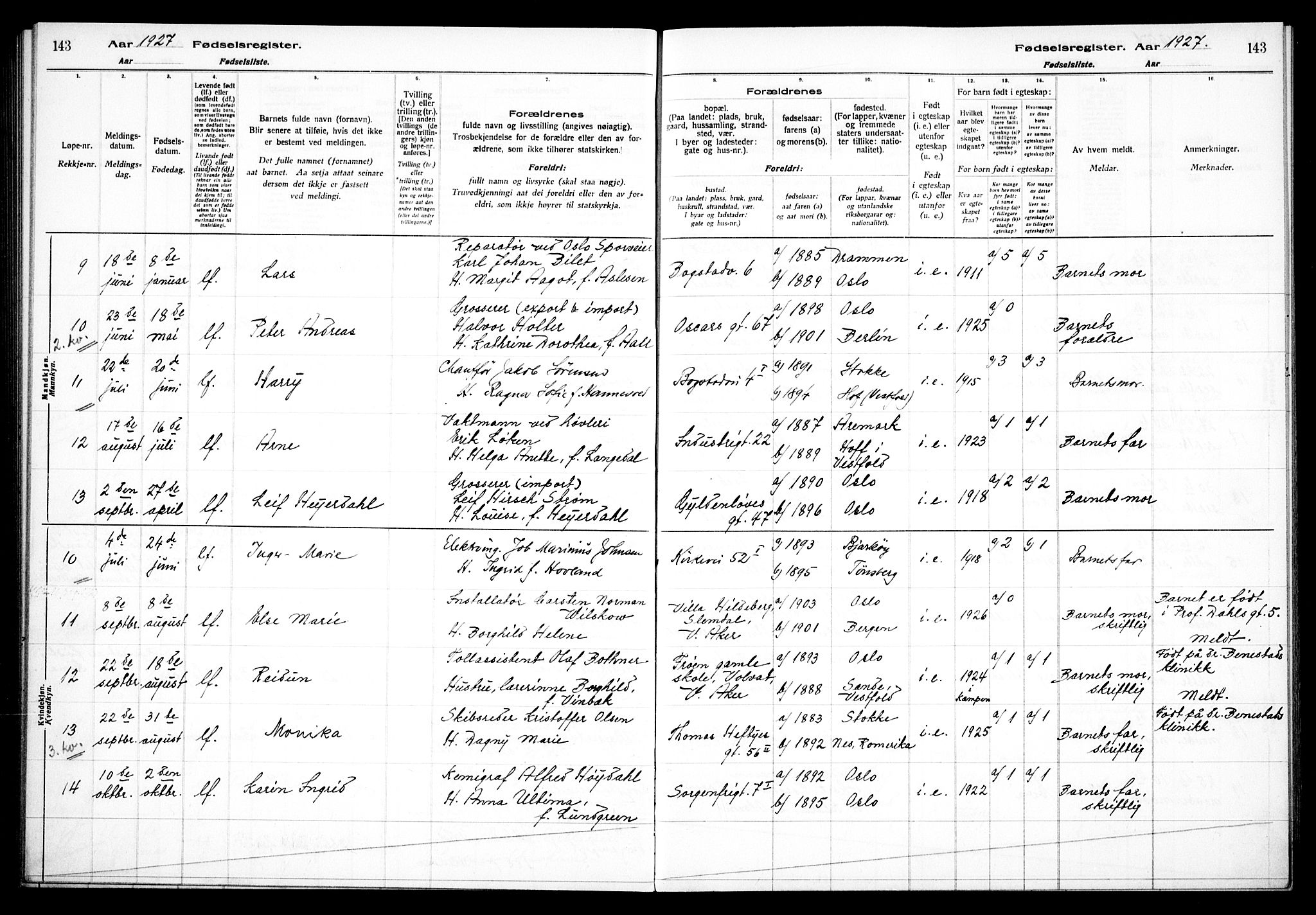 Uranienborg prestekontor Kirkebøker, AV/SAO-A-10877/J/Ja/L0001: Birth register no. 1, 1916-1930, p. 143