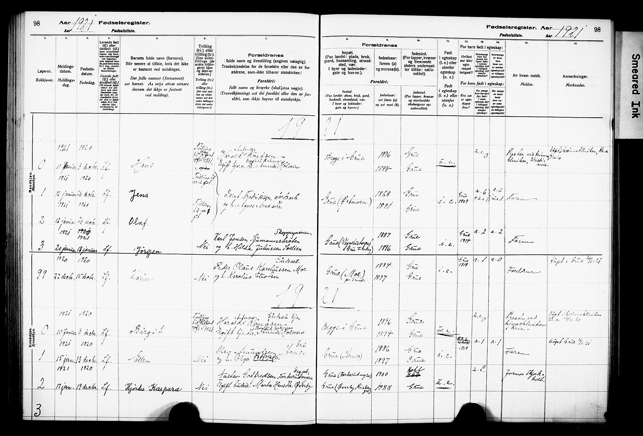 Grue prestekontor, SAH/PREST-036/I/Id: Birth register no. 1, 1916-1926, p. 98