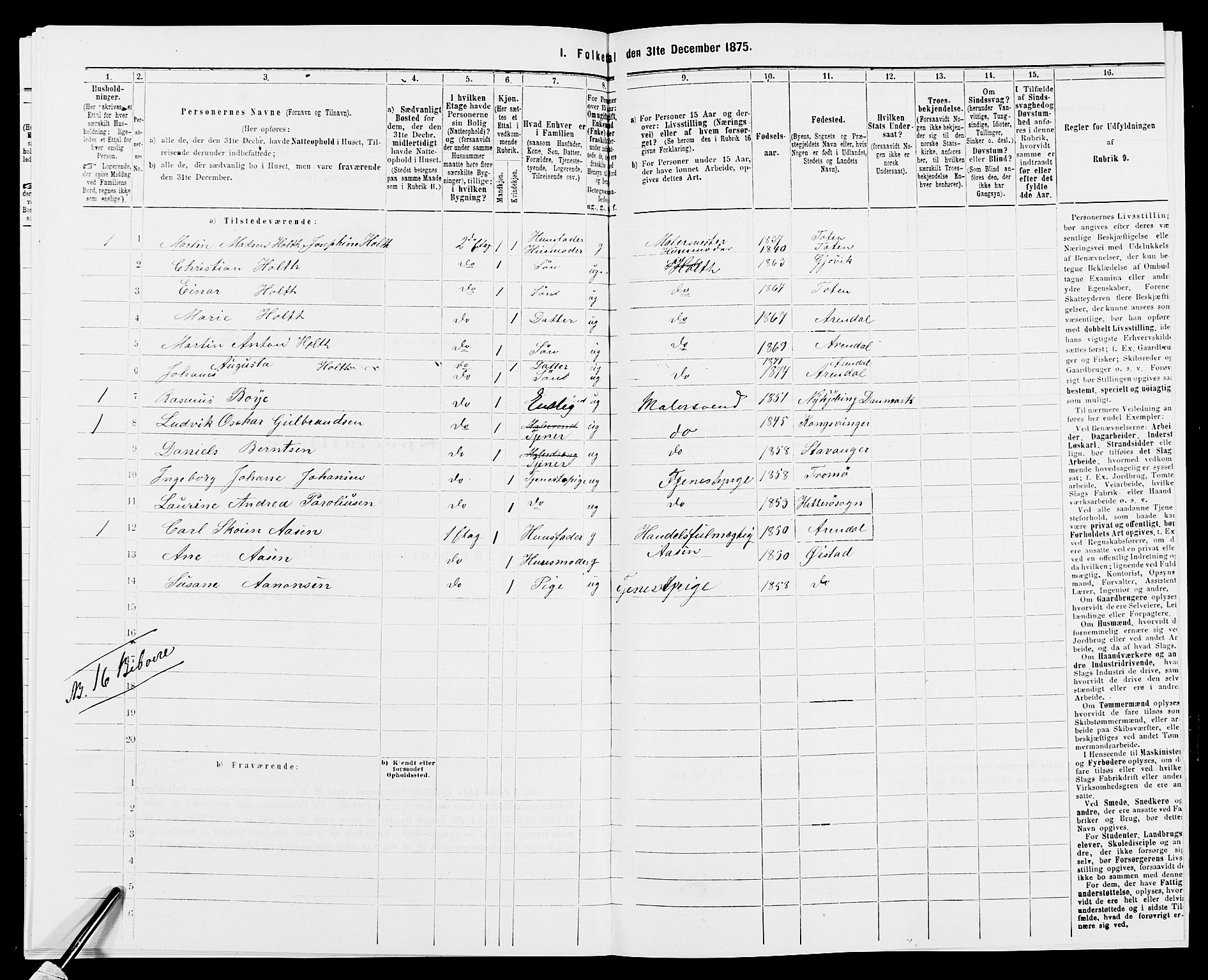 SAK, 1875 census for 0903P Arendal, 1875, p. 119