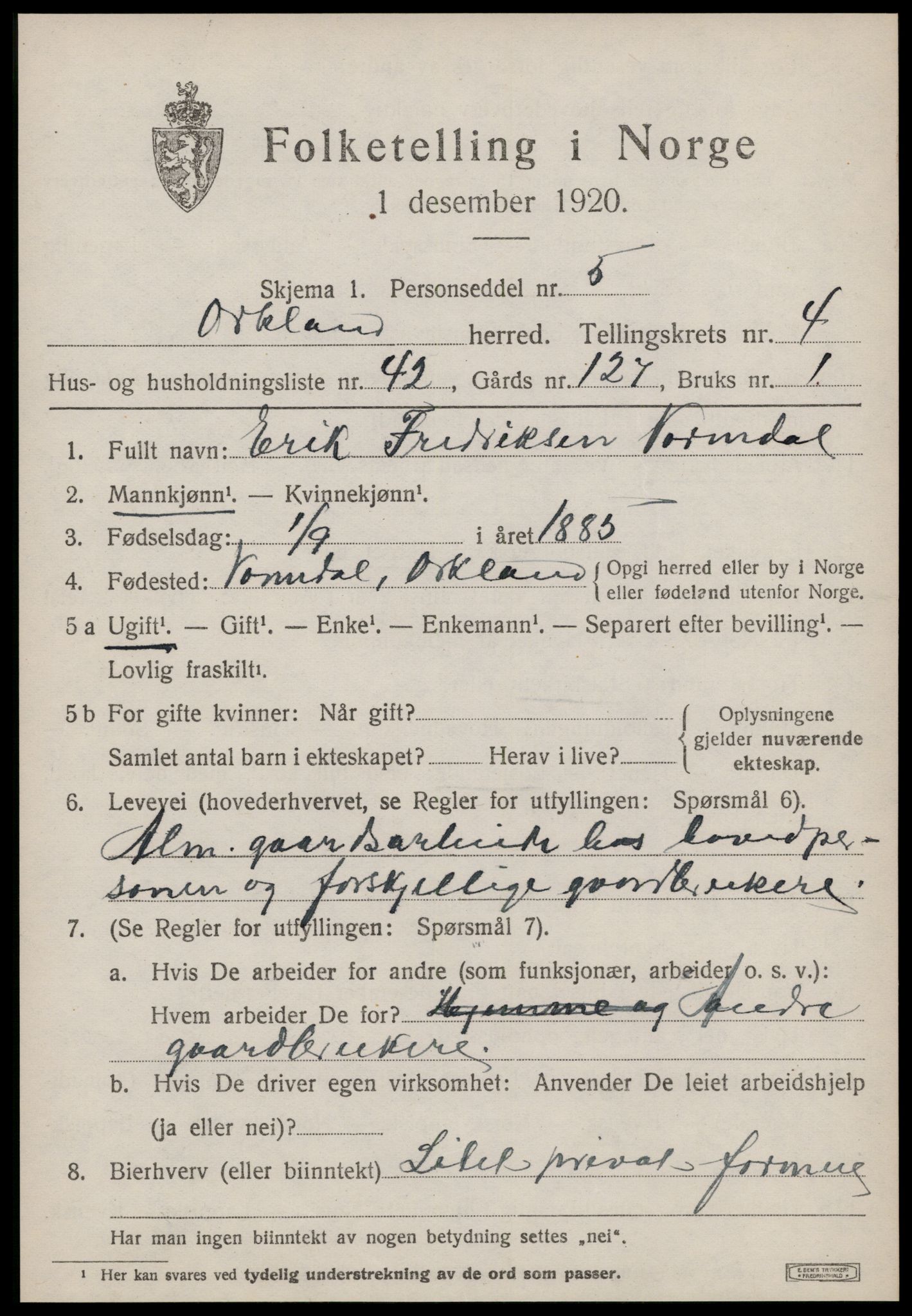 SAT, 1920 census for Orkland, 1920, p. 3798