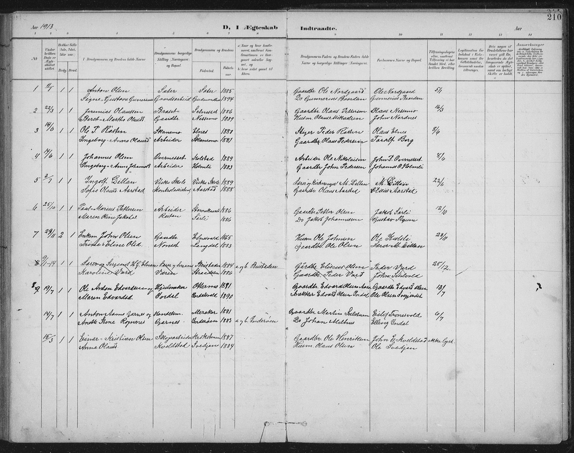 Ministerialprotokoller, klokkerbøker og fødselsregistre - Nord-Trøndelag, AV/SAT-A-1458/724/L0269: Parish register (copy) no. 724C05, 1899-1920, p. 210