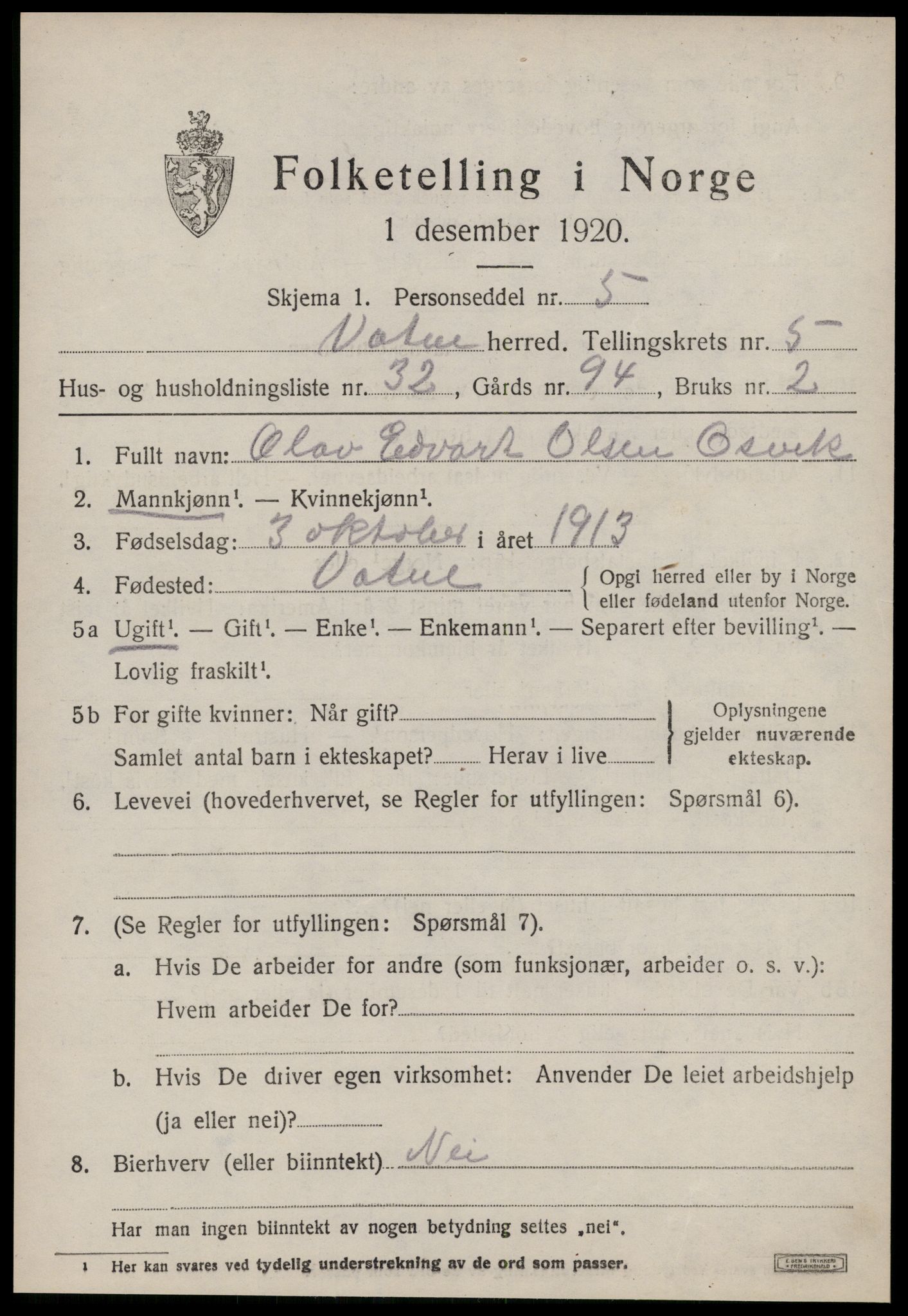 SAT, 1920 census for Vatne, 1920, p. 2638