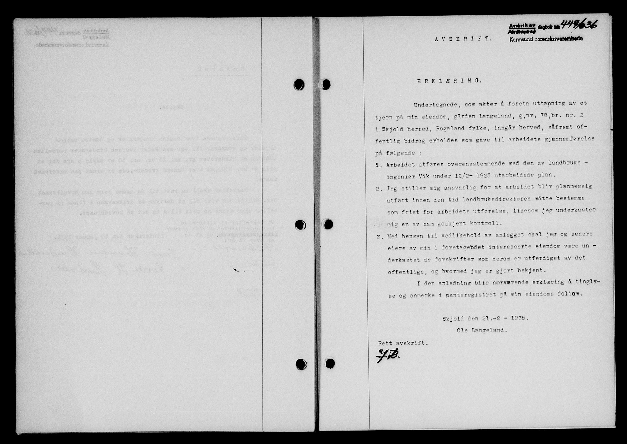 Karmsund sorenskriveri, SAST/A-100311/01/II/IIB/L0066: Mortgage book no. 47A, 1936-1936, Diary no: : 449/1936