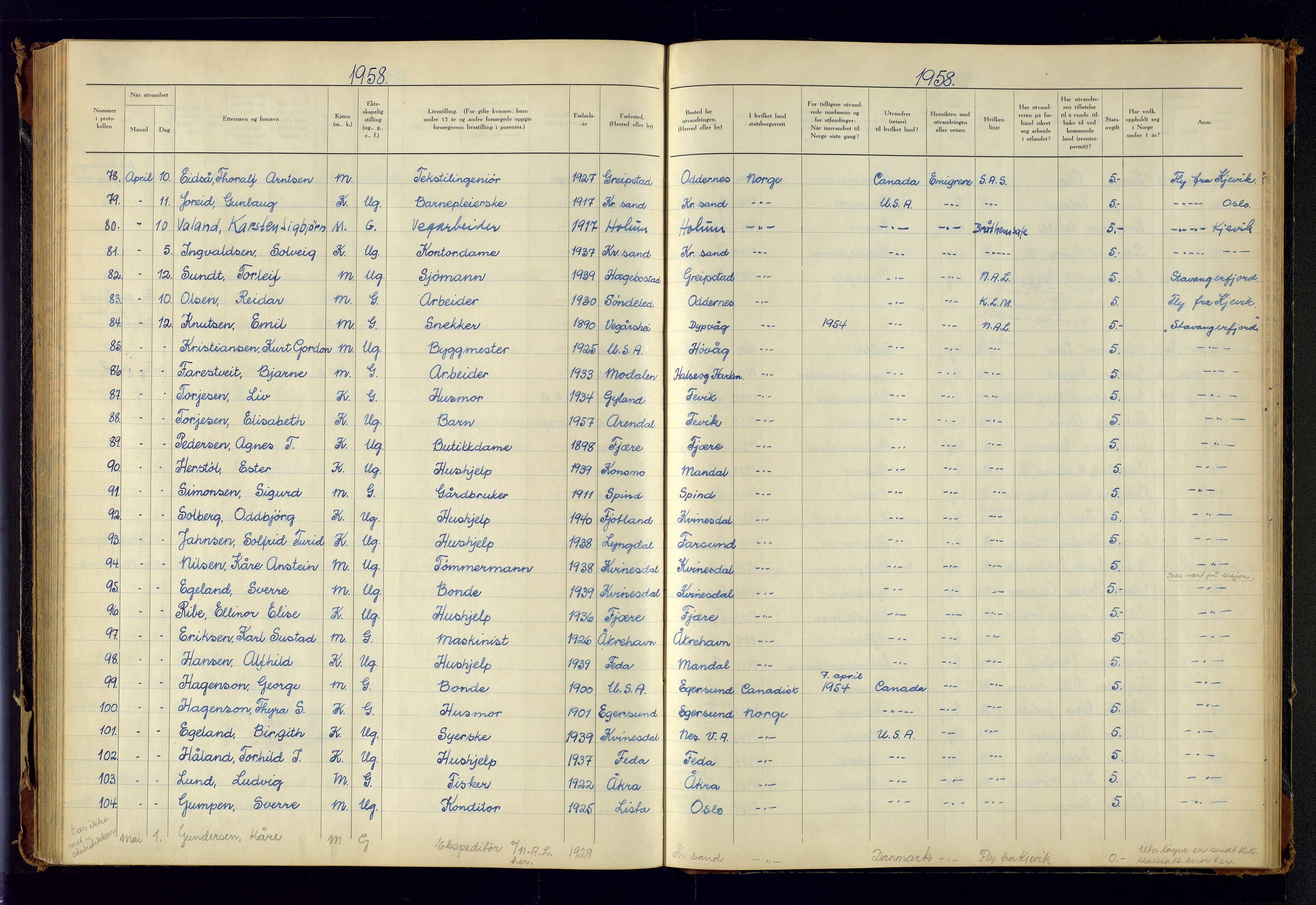 Kristiansand politikammer, AV/SAK-1243-0004/K/Kb/L0249: Emigrantprotokoll, 1951-1961, p. 139