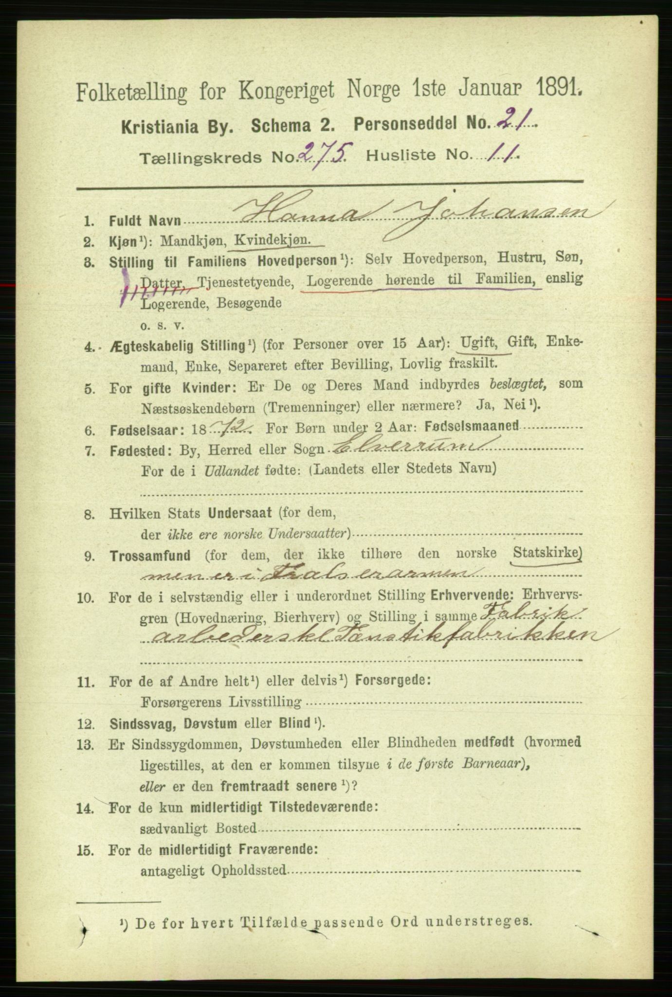 RA, 1891 census for 0301 Kristiania, 1891, p. 167163