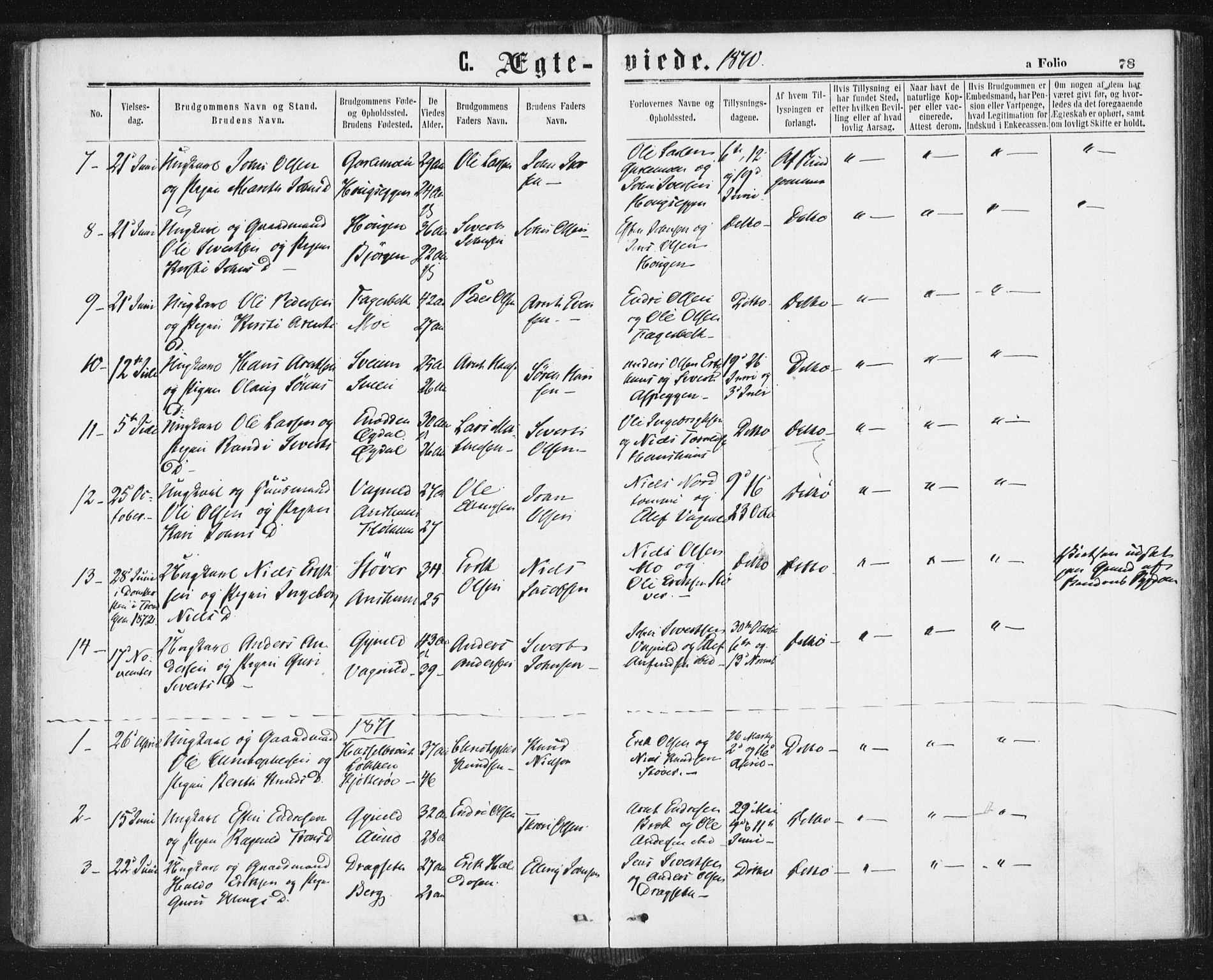 Ministerialprotokoller, klokkerbøker og fødselsregistre - Sør-Trøndelag, AV/SAT-A-1456/689/L1039: Parish register (official) no. 689A04, 1865-1878, p. 78