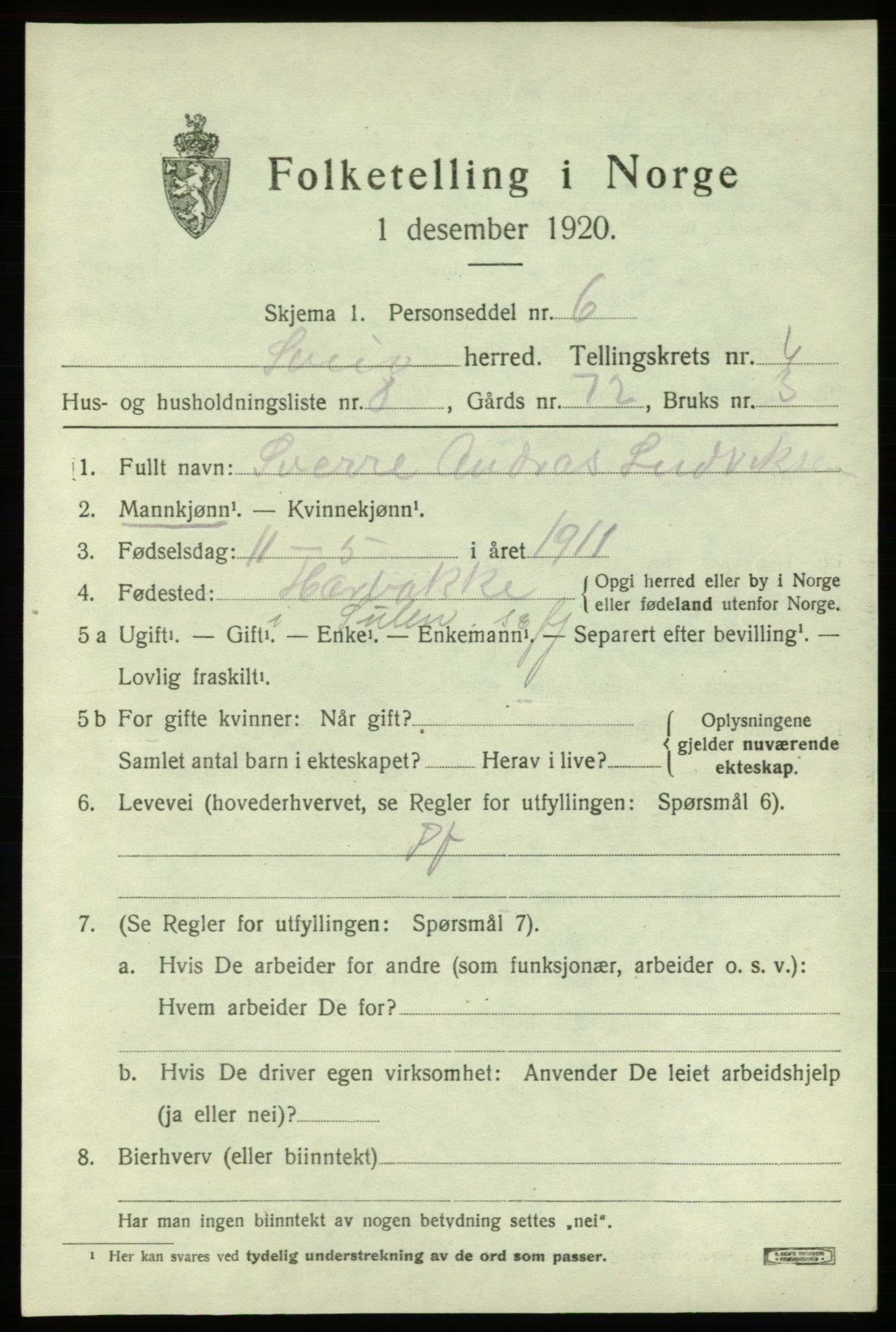 SAB, 1920 census for Sveio, 1920, p. 2970