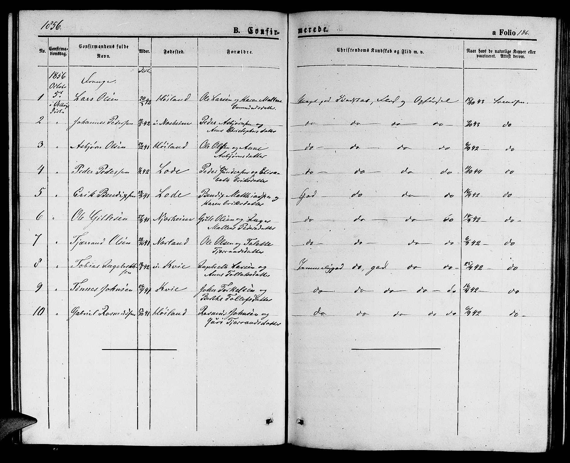 Hå sokneprestkontor, AV/SAST-A-101801/001/30BB/L0001: Parish register (copy) no. B 1, 1854-1883, p. 186