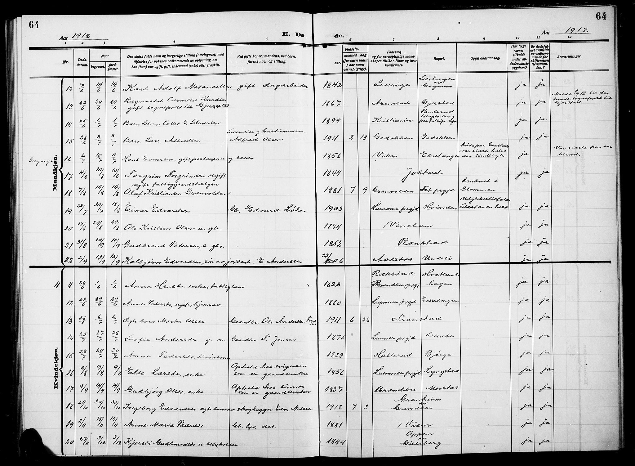 Gran prestekontor, AV/SAH-PREST-112/H/Ha/Hab/L0007: Parish register (copy) no. 7, 1912-1917, p. 64