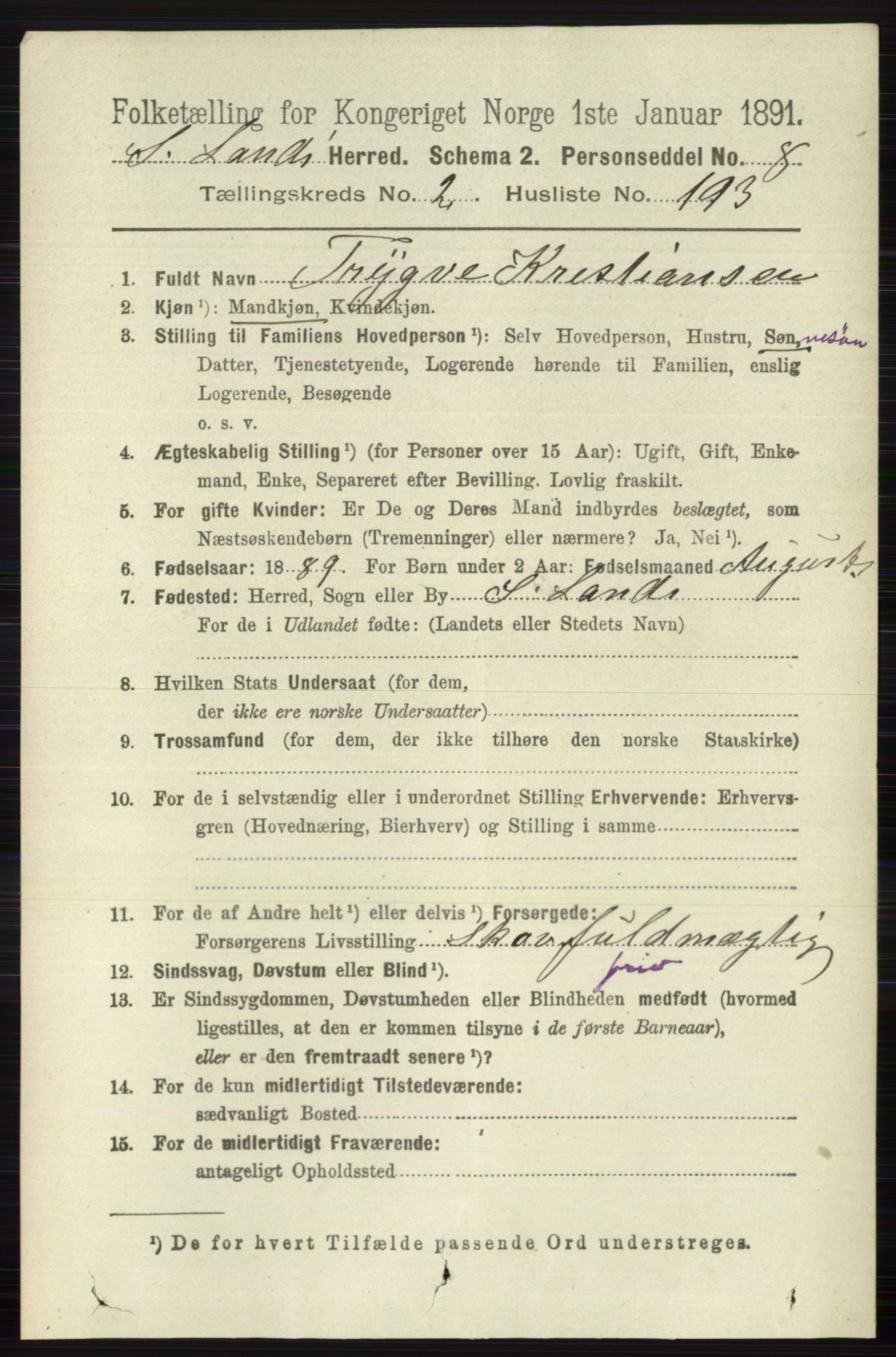 RA, 1891 census for 0536 Søndre Land, 1891, p. 2260