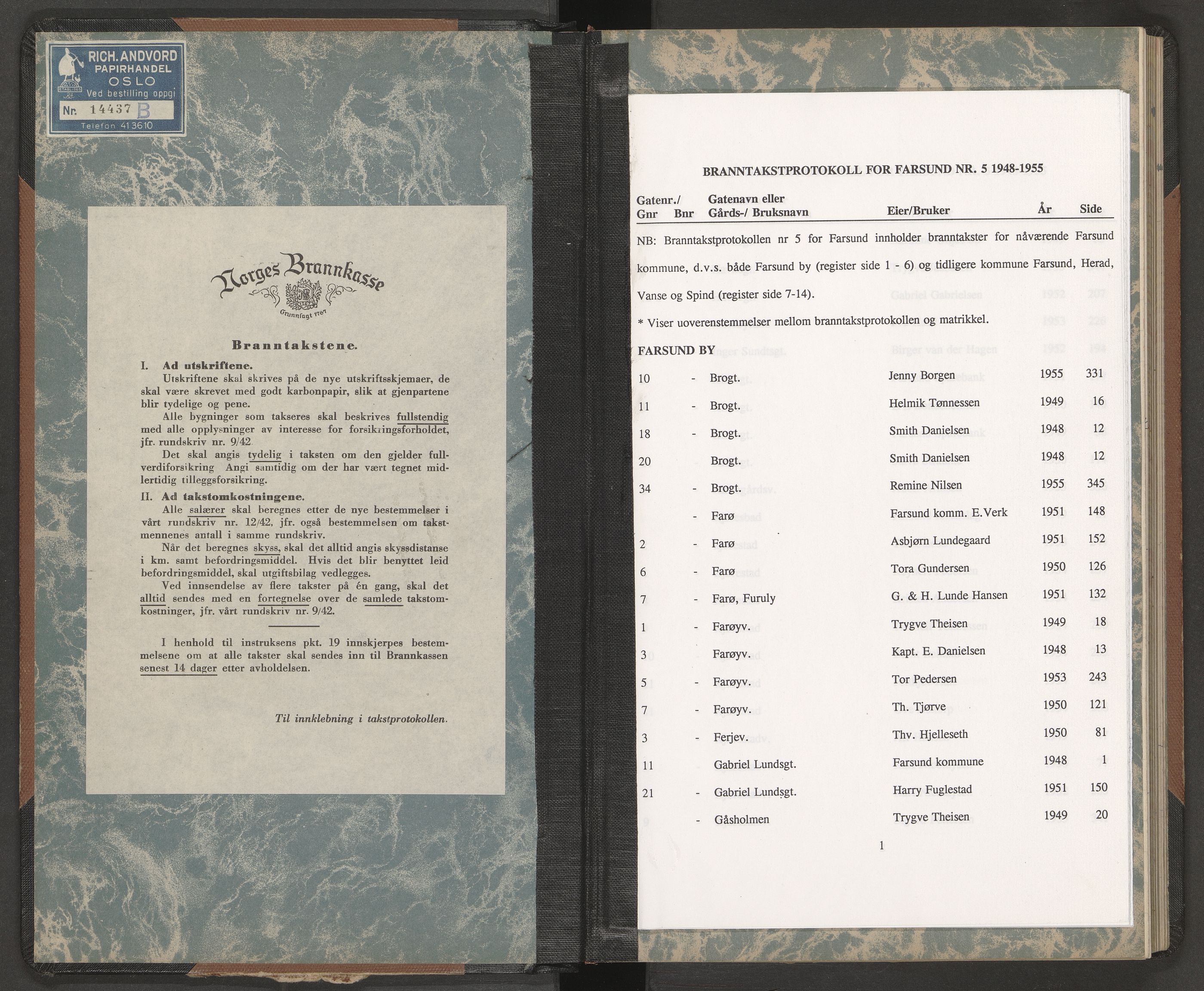 Norges Brannkasse Farsund, AV/SAK-2241-0011/F/Fa/L0004: Branntakstprotokoll nr. 5 med gatenavnsregister og gårdsnavnregister, 1948-1955