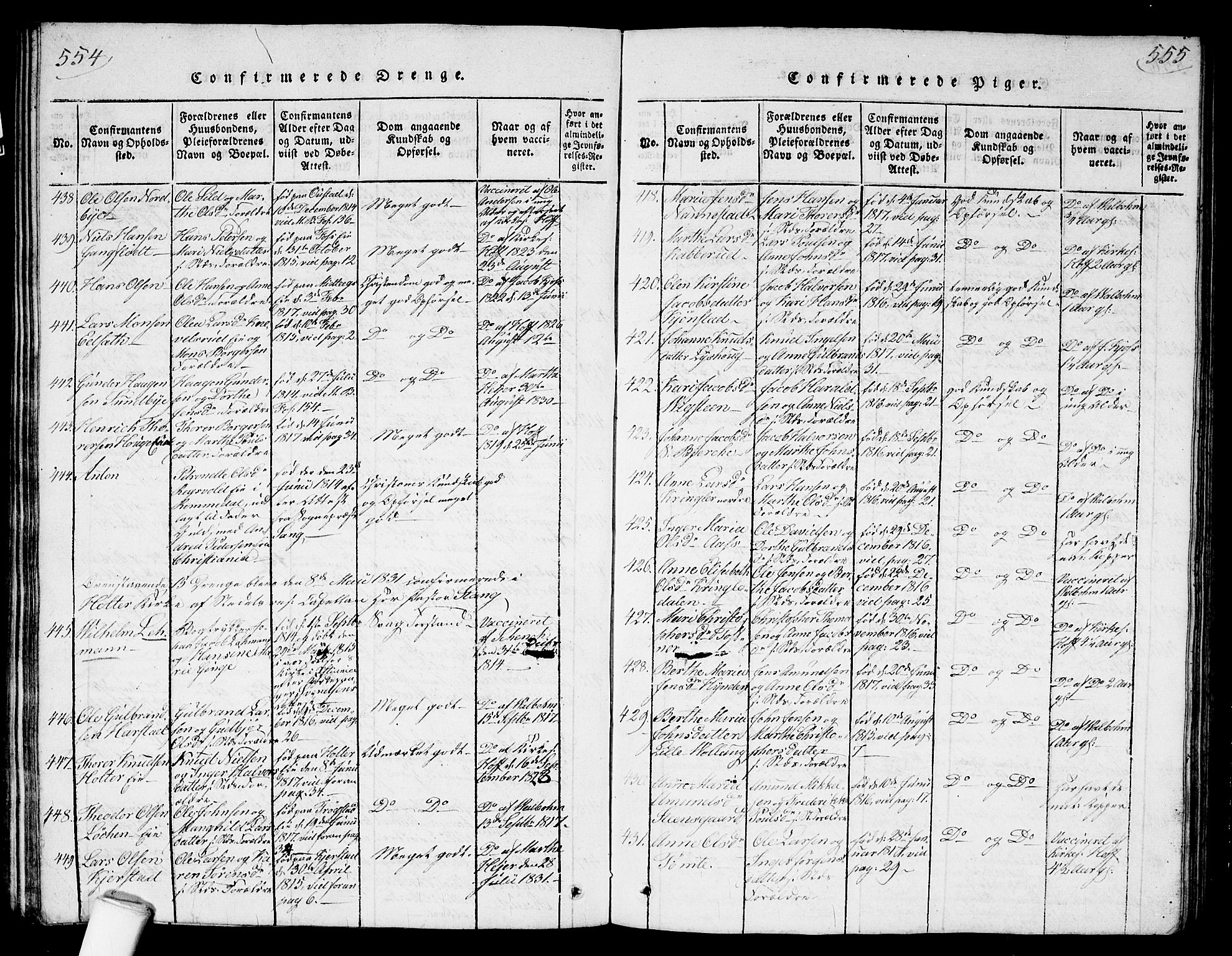 Nannestad prestekontor Kirkebøker, AV/SAO-A-10414a/G/Ga/L0001: Parish register (copy) no. I 1, 1815-1839, p. 554-555