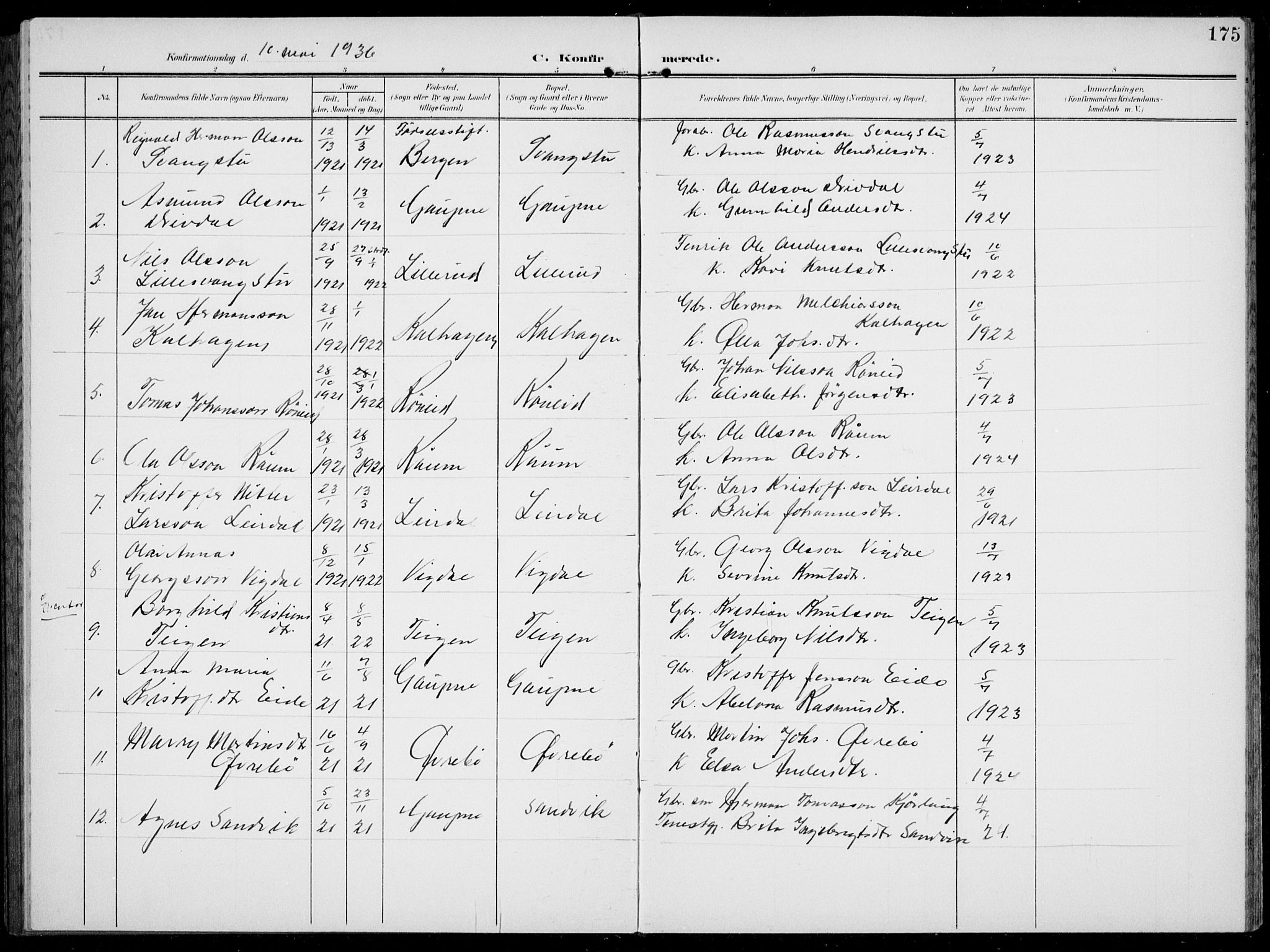 Jostedal sokneprestembete, AV/SAB-A-80601/H/Hab/Habc/L0001: Parish register (copy) no. C 1, 1903-1939, p. 175