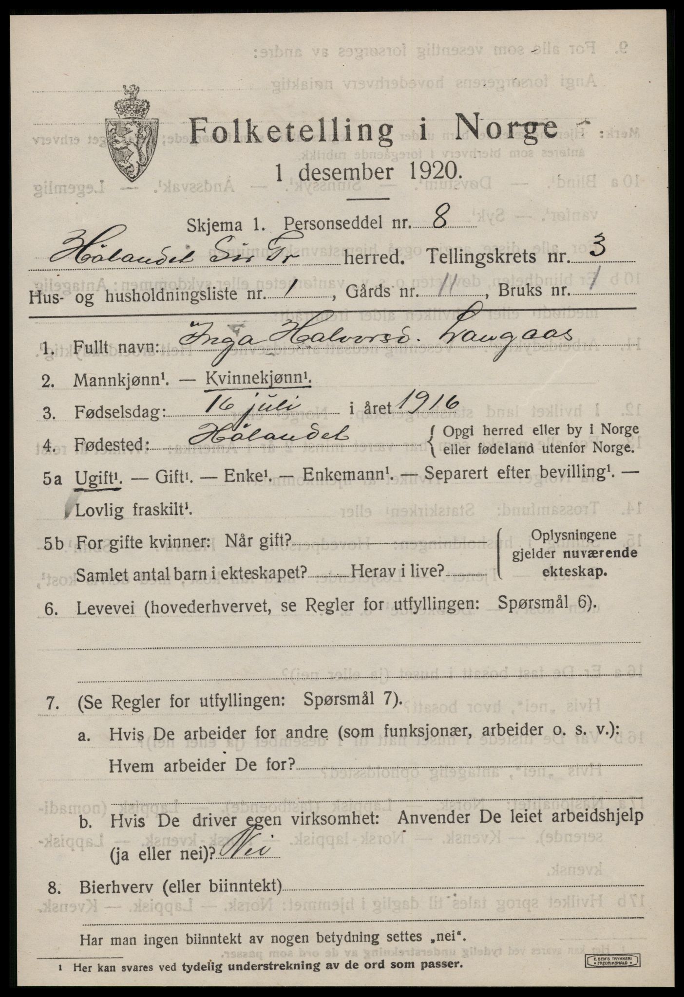 SAT, 1920 census for Hølonda, 1920, p. 1167