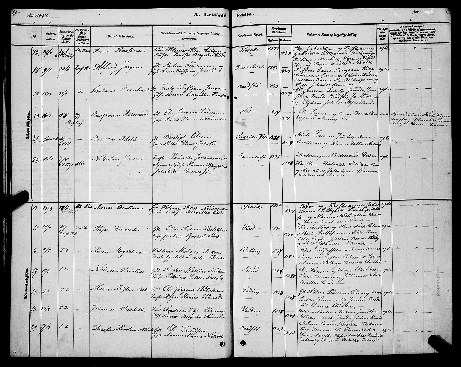 Ministerialprotokoller, klokkerbøker og fødselsregistre - Nordland, AV/SAT-A-1459/831/L0477: Parish register (copy) no. 831C04, 1878-1897, p. 21