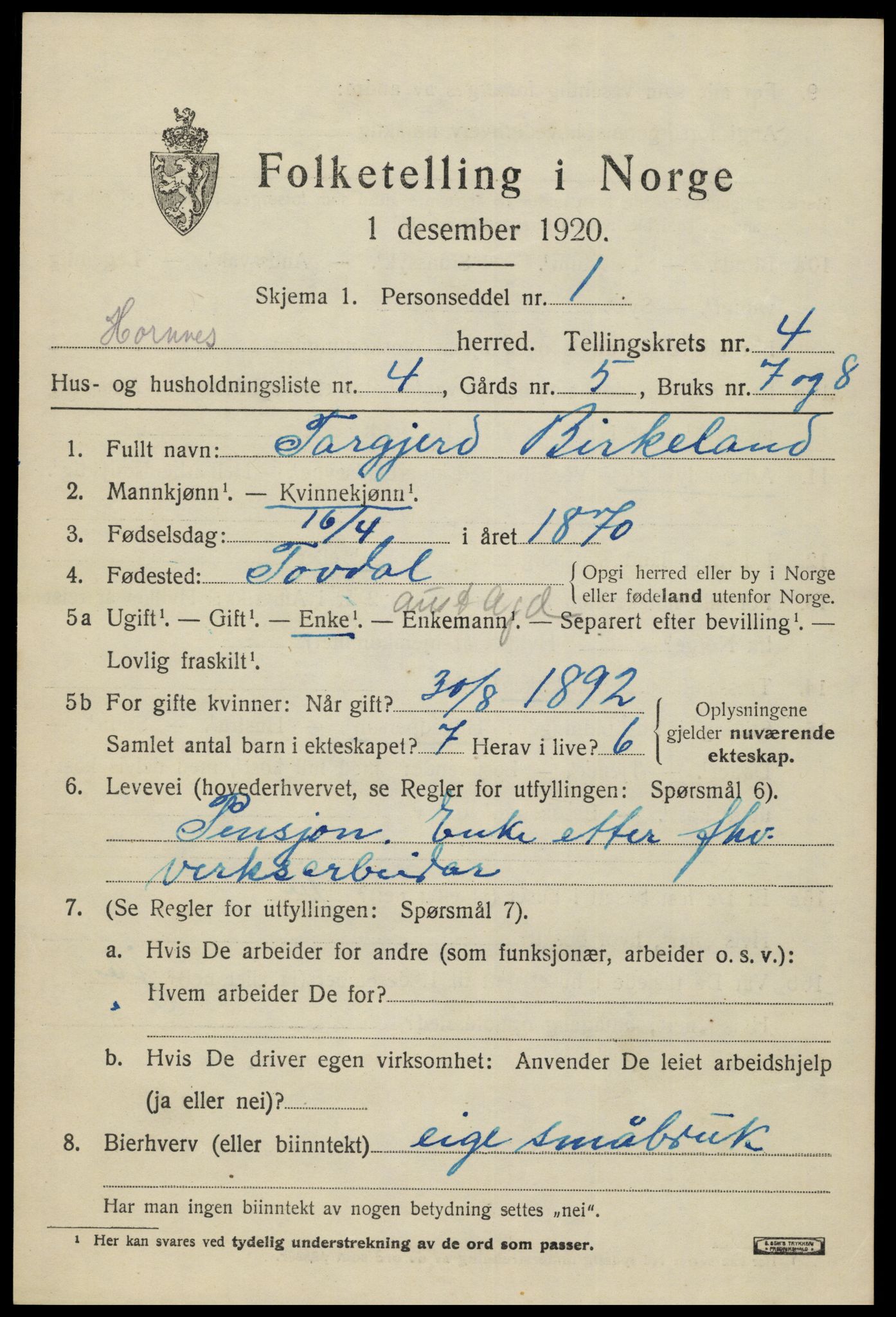 SAK, 1920 census for Hornnes, 1920, p. 1173