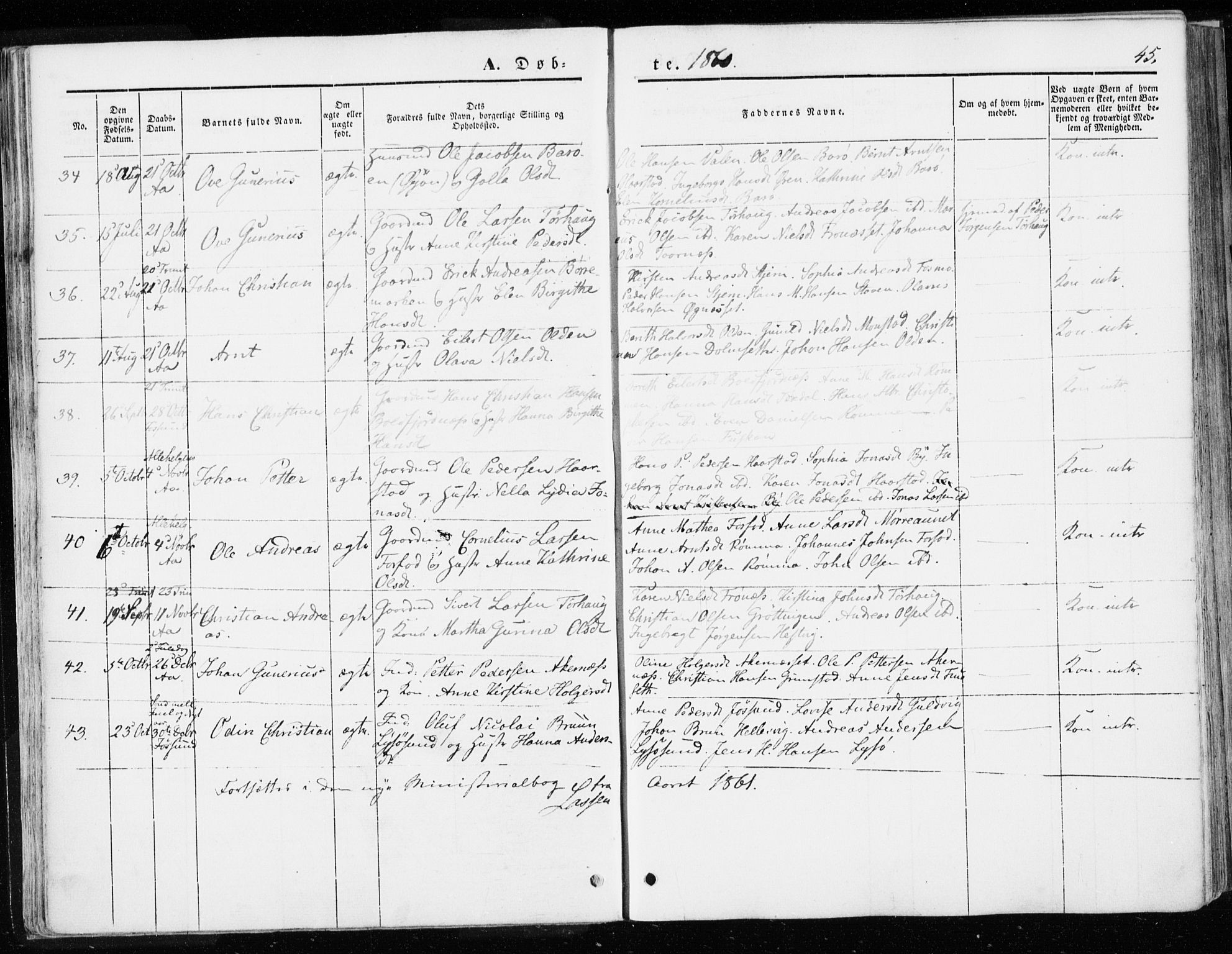 Ministerialprotokoller, klokkerbøker og fødselsregistre - Sør-Trøndelag, SAT/A-1456/655/L0677: Parish register (official) no. 655A06, 1847-1860, p. 45