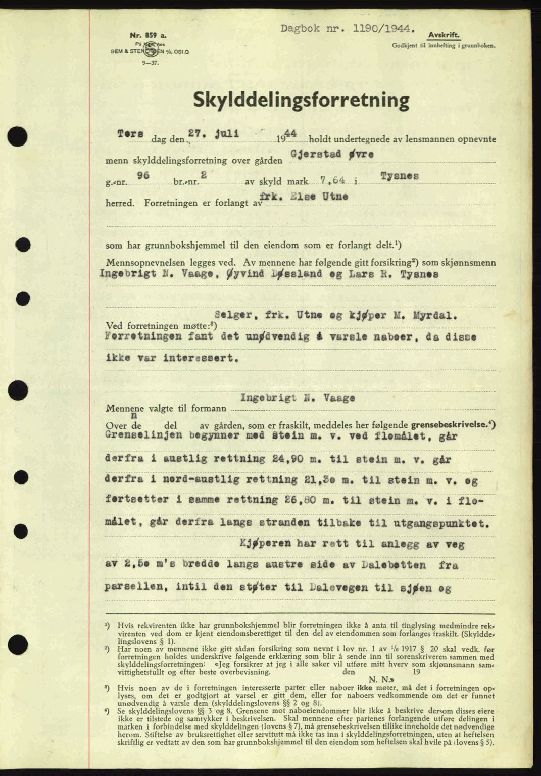 Sunnhordland sorenskrivar, AV/SAB-A-2401: Mortgage book no. A76, 1944-1945, Diary no: : 1190/1944