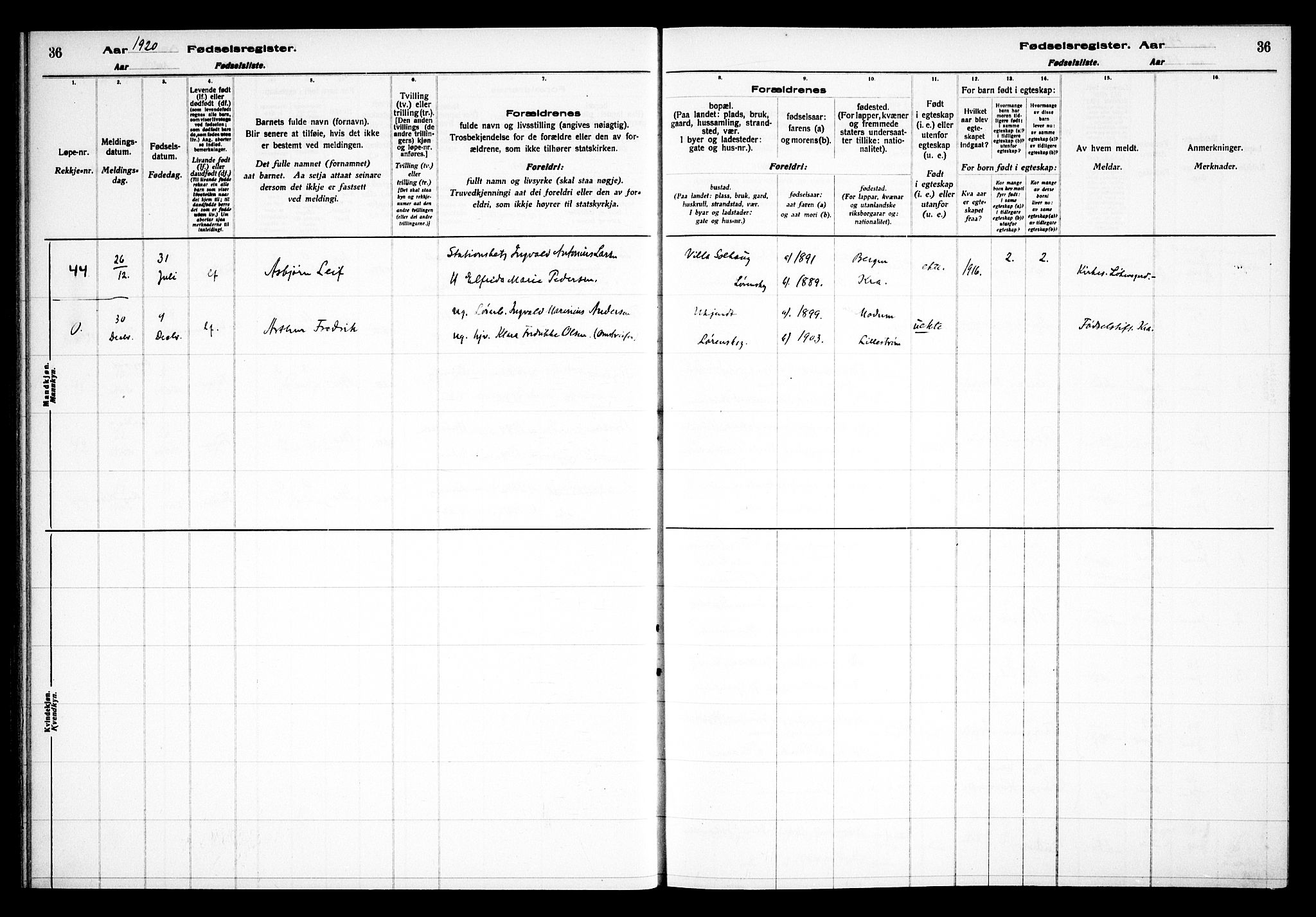 Skedsmo prestekontor Kirkebøker, SAO/A-10033a/J/Jb/L0001: Birth register no. II 1, 1916-1932, p. 36
