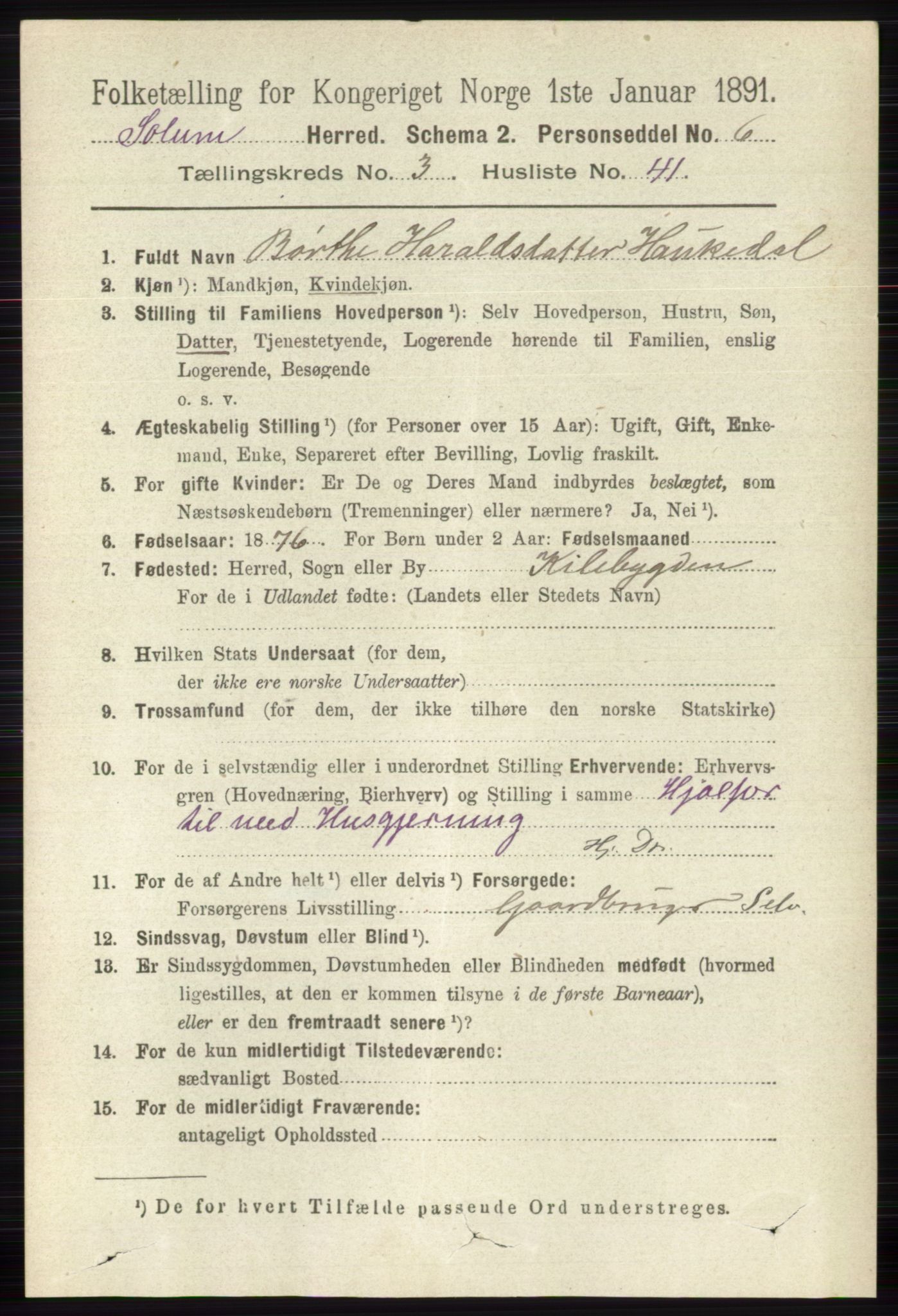 RA, 1891 census for 0818 Solum, 1891, p. 580