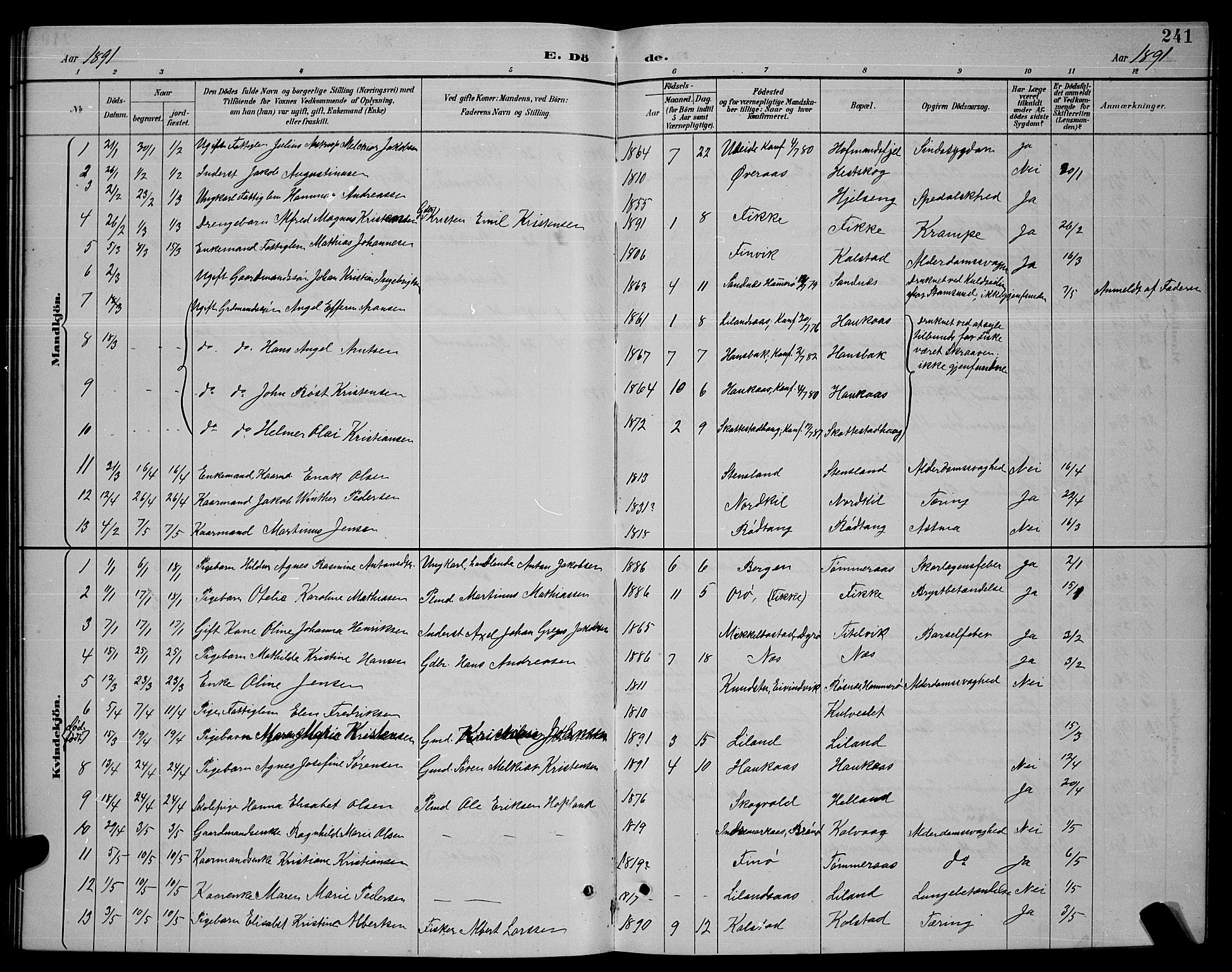 Ministerialprotokoller, klokkerbøker og fødselsregistre - Nordland, SAT/A-1459/859/L0859: Parish register (copy) no. 859C05, 1887-1898, p. 241