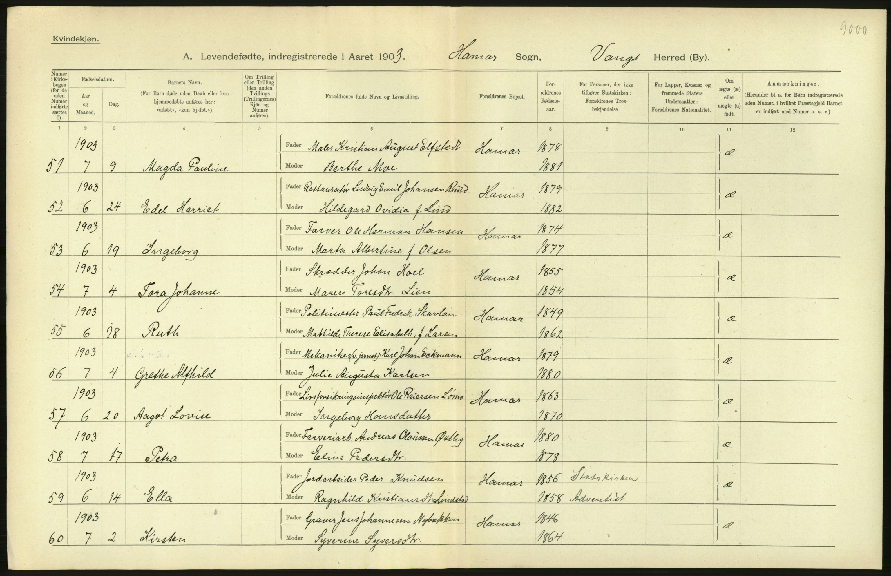 Statistisk sentralbyrå, Sosiodemografiske emner, Befolkning, AV/RA-S-2228/D/Df/Dfa/Dfaa/L0005: Hedemarkens amt: Fødte, gifte, døde, 1903, p. 722