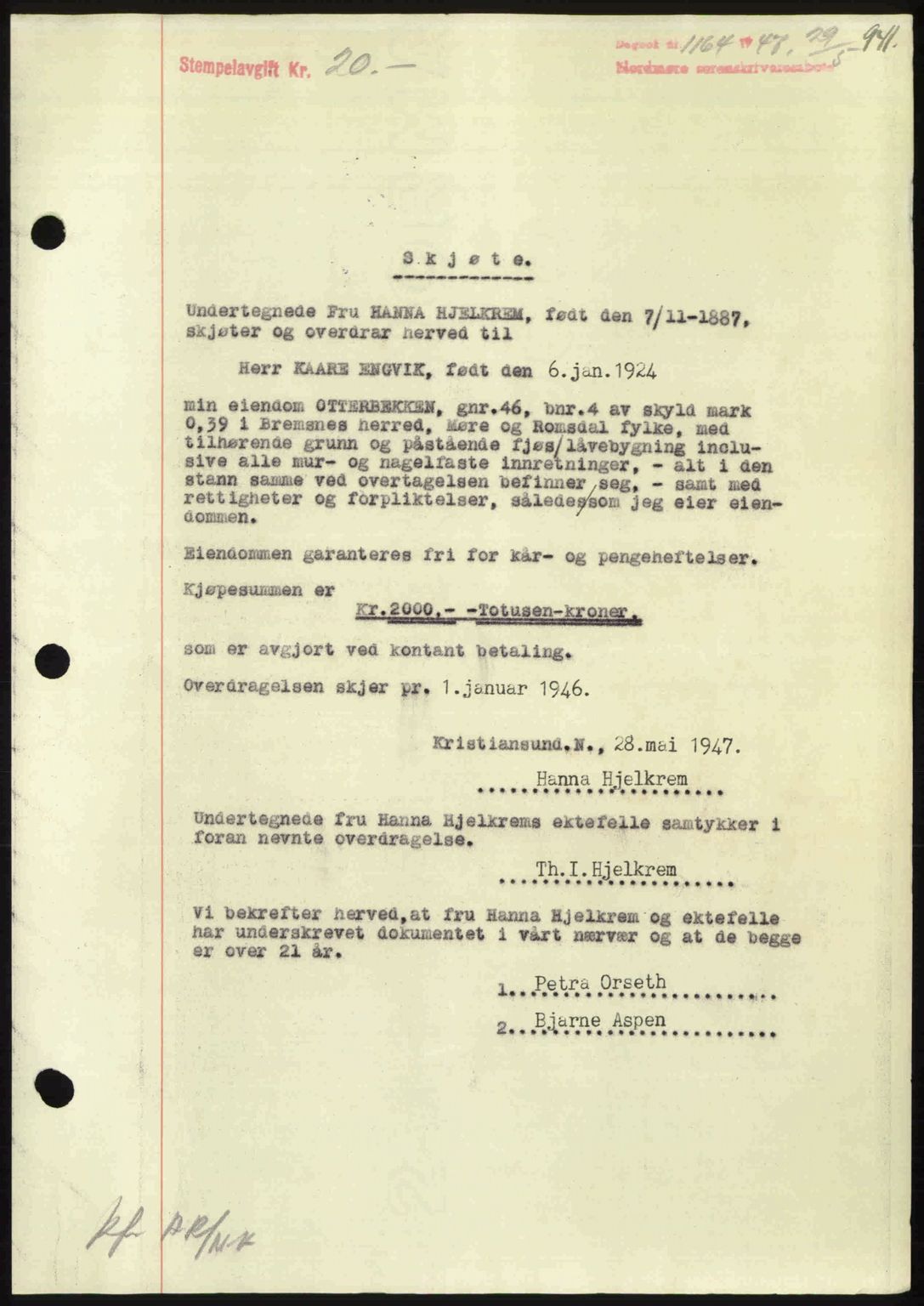 Nordmøre sorenskriveri, AV/SAT-A-4132/1/2/2Ca: Mortgage book no. A104, 1947-1947, Diary no: : 1164/1947