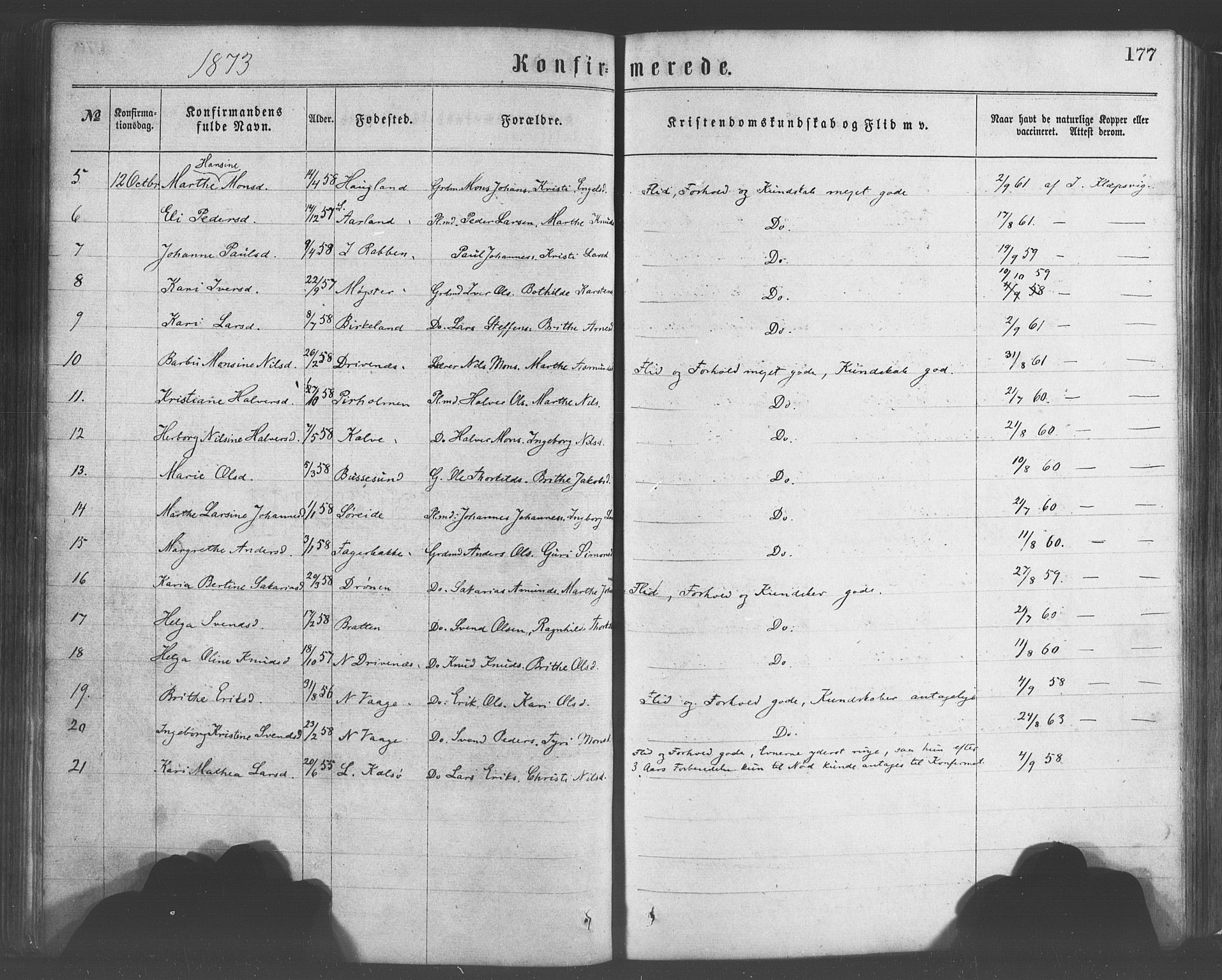 Sund sokneprestembete, AV/SAB-A-99930: Parish register (official) no. A 15, 1867-1881, p. 177